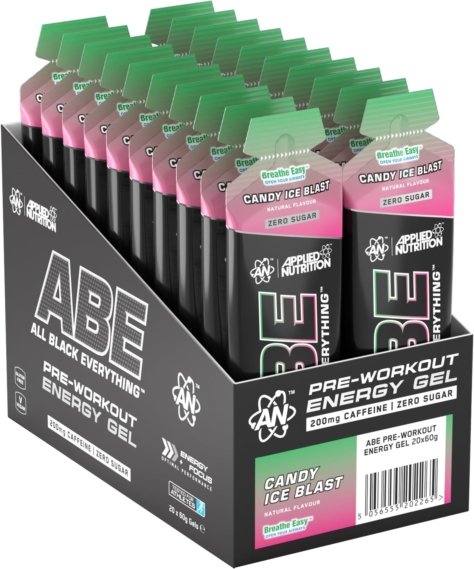 Applied Nutrition ABE Pre Workout Gel - All Black Everything Pre Workout Gel, Energy & Physical Performance with Citrulline, Creatine, Beta Alanine (20 x 60ml Gels) (Candy Ice Blast)