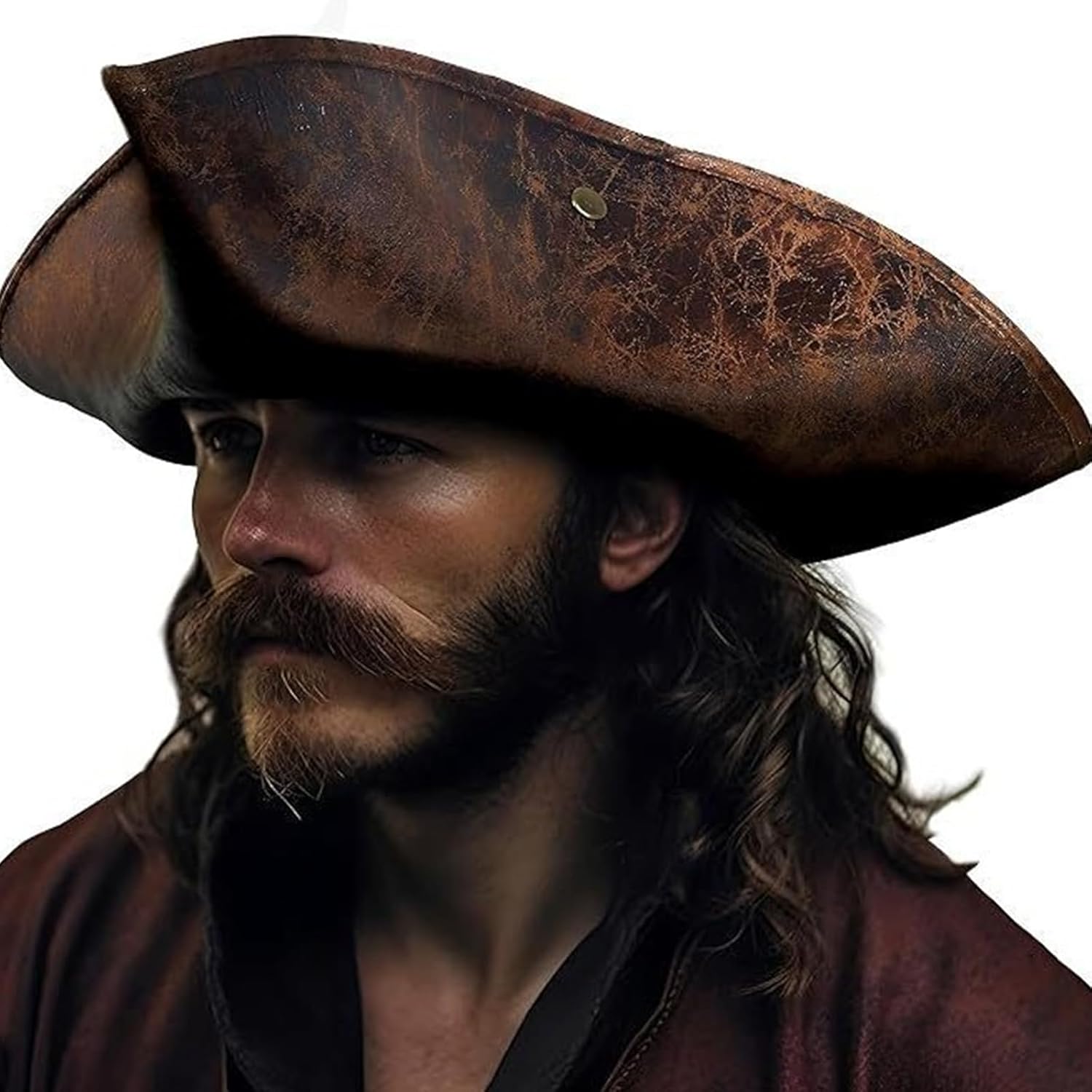 JOYFISCO Faux Leather Pirate Hat, Pirate Tricorn Hat for Men Women Halloween Costume Accessories Vintage Wrinkle Distressed - Image 7