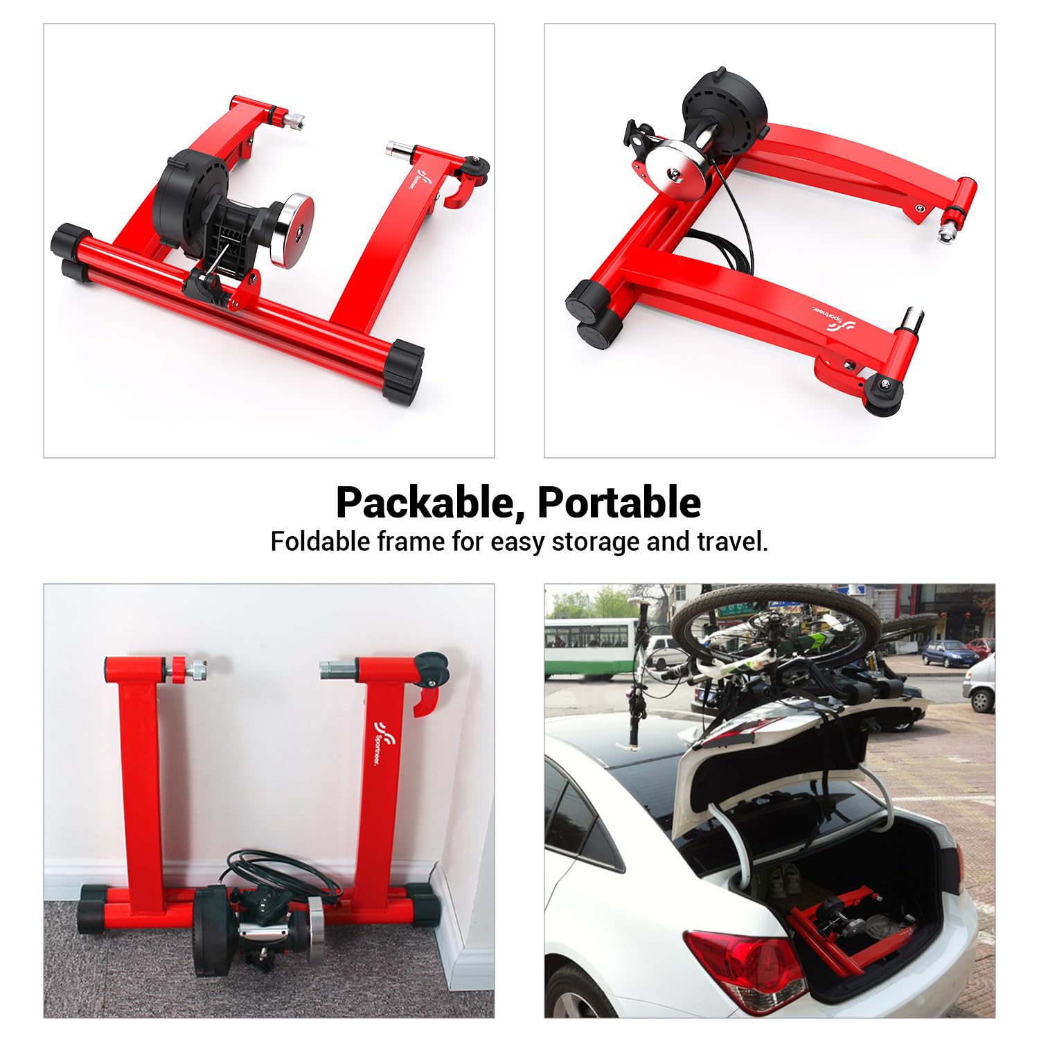 Sportneer Rullo per Allenamento, Supporto per Bici Supporto Magnetico in Acciaio per Bicicletta con Ruota di riduzione del Rumore per Esercizio al Chiuso (Rooso)