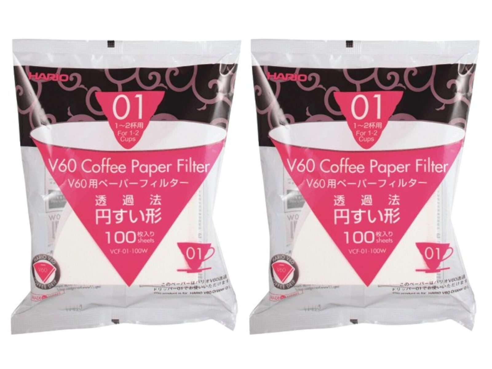 Hario VCF-01-100W V60 filtr papierowy do 01 kroplówek do kawy, biały x 2 szt. (łącznie 200 sztuk) zestaw wartościowy
