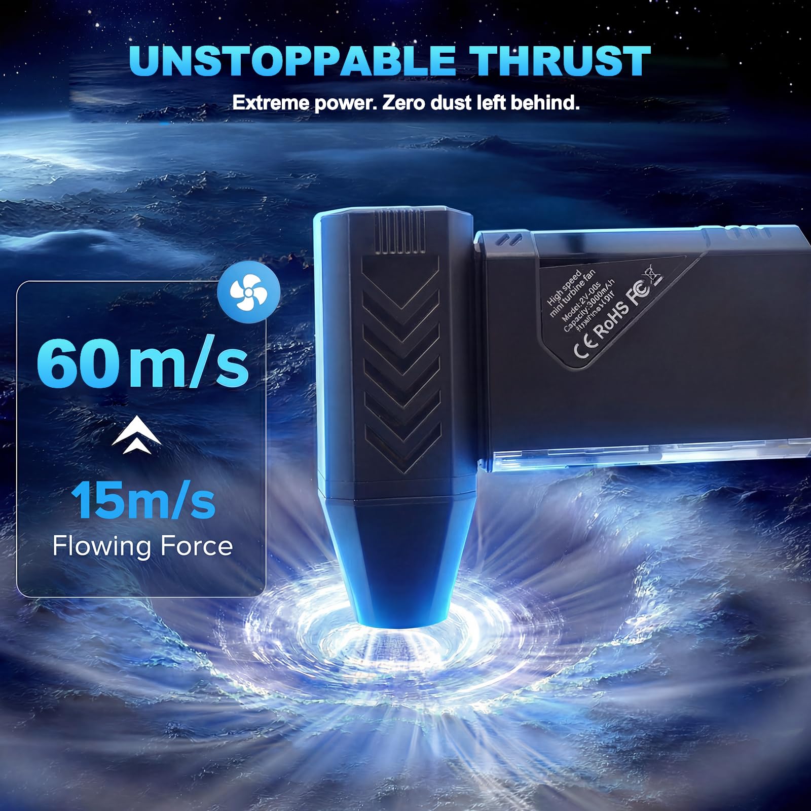 WTINQUIK Electric Air Duster, Compressed Air Duster with LCD Display & LED Light, 130000 RPM Cordless Air Blower, Reusable PC Cleaner & Keyboard Cleaner for Car, Computer (Black) - 4