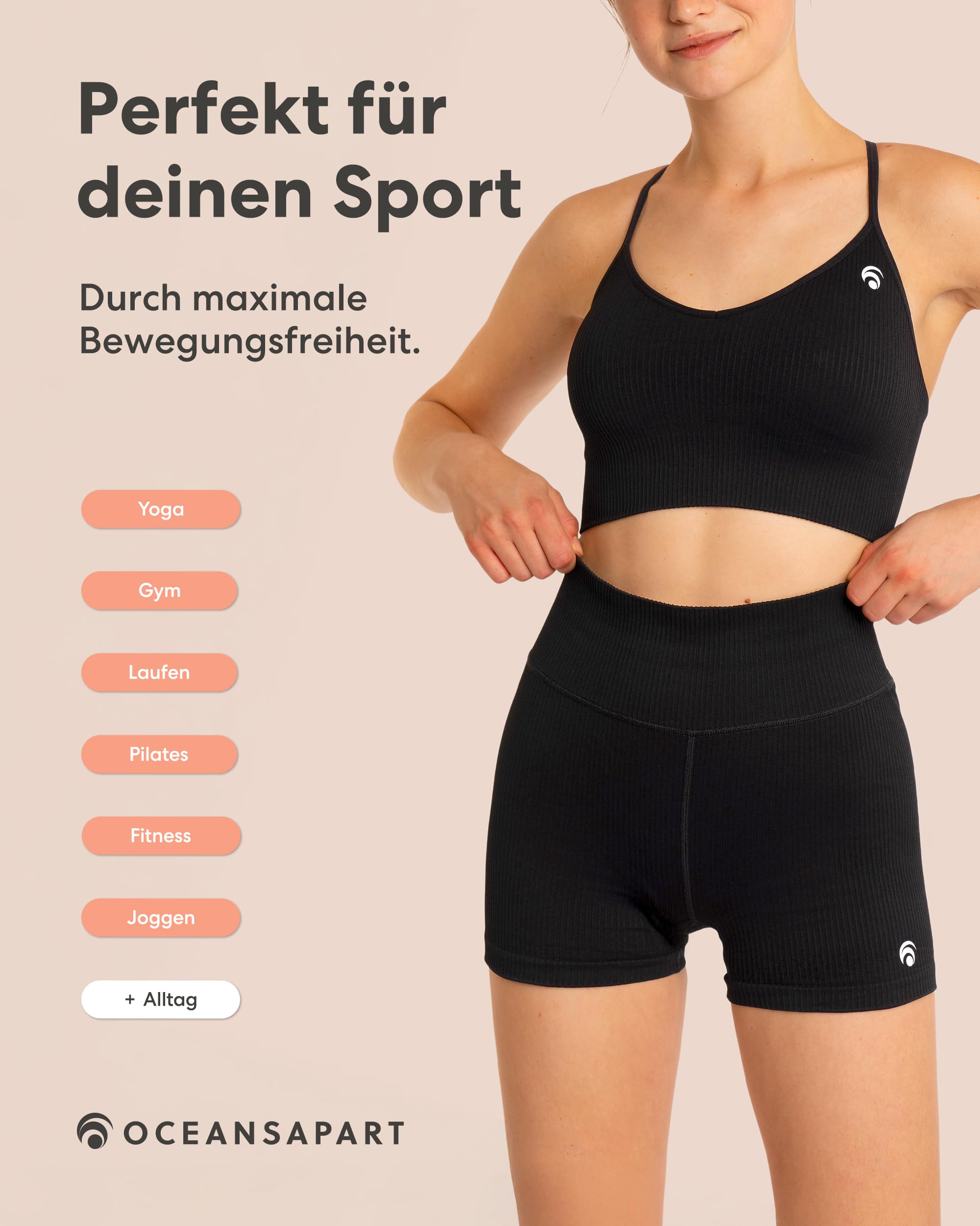 OCEANSAPART Maya Hotpant Kurze Sporthose Damen High Waist Gerippt - Radlerhose recyceltes Polyamid - Squadproof & Blickdicht - Gym Shorts Damen für Yoga, Pilates & Fitness - Gr. XS-XXL