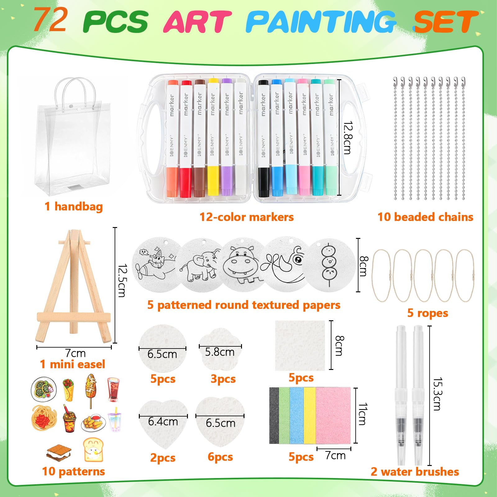 UBERMing 72 Pièces Kit de Peinture Texturée en Mousse, Magic Puffy Paint Set 3D Eponge de Dessin avec 31 Papier de Peinture Texture Mousse 12 Feutres de Couleur et 1 Sac de Rangement
