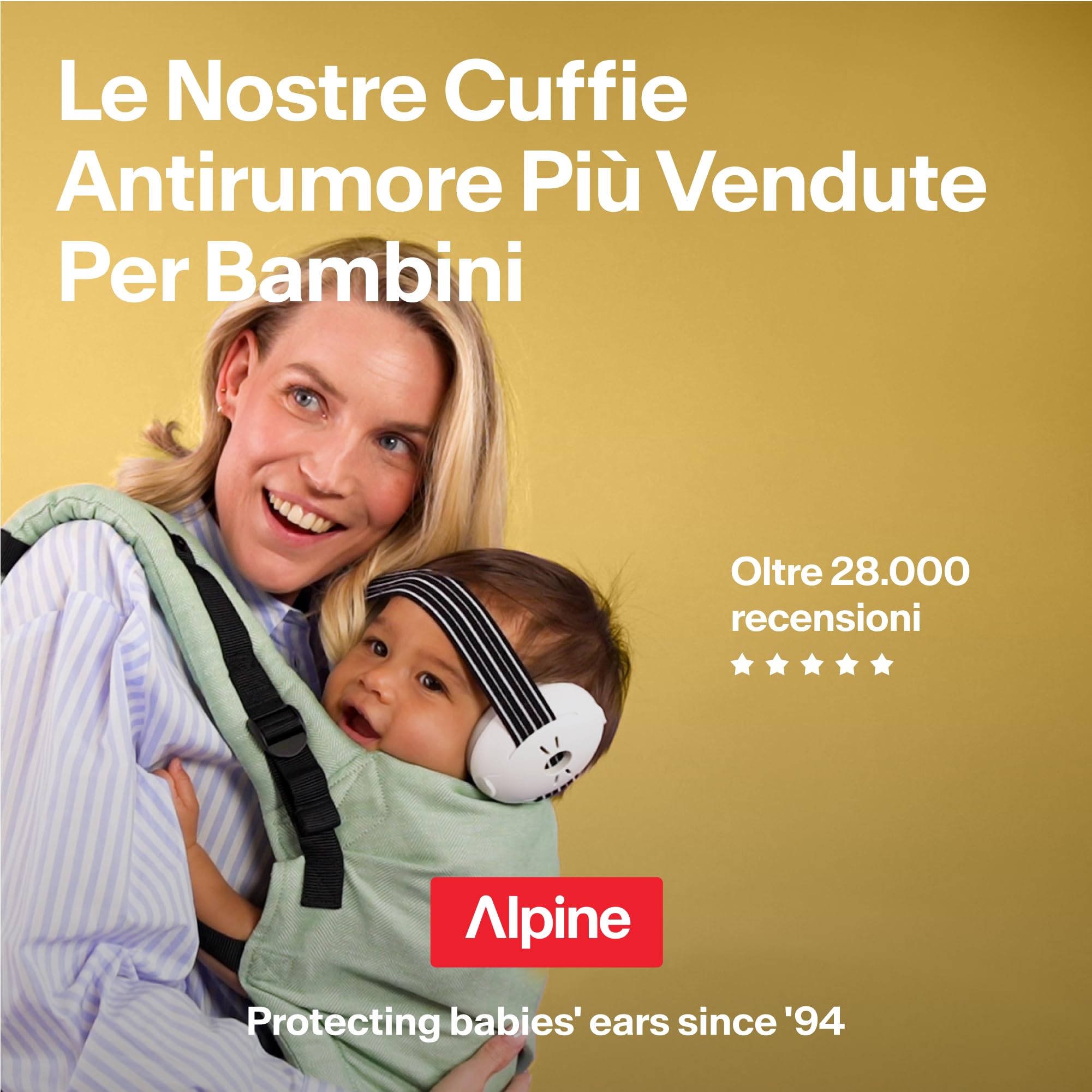 Alpine Muffy Baby - Cuffie antirumore per neonati e bambini piccoli fino a 36 mesi - Protettori acustici per neonati - Previene i danni dell’udito - Migliora il sonno in viaggio - Giallo