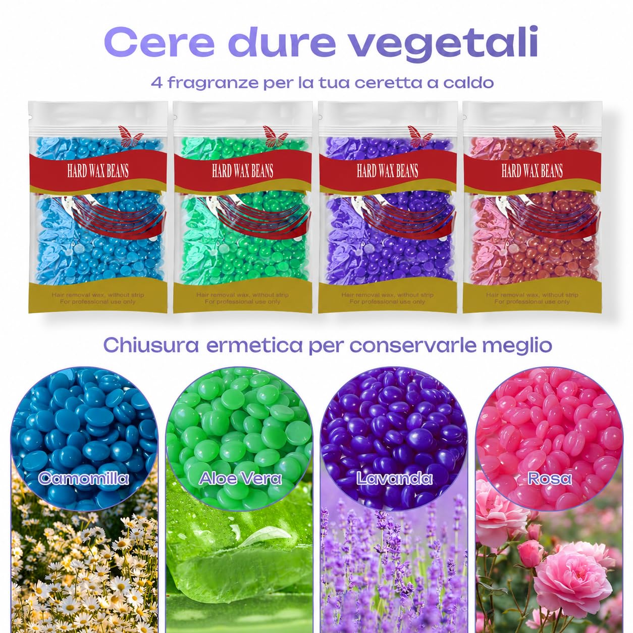 Scaldacera Professionale per Ceretta a Caldo, Kit Cera Brasiliana Completo con 4 Cere, Scalda Cera Elettrico per Depilazione a Casa, Viso, Ascelle, Gambe e Corpo, Viola (bianco)
