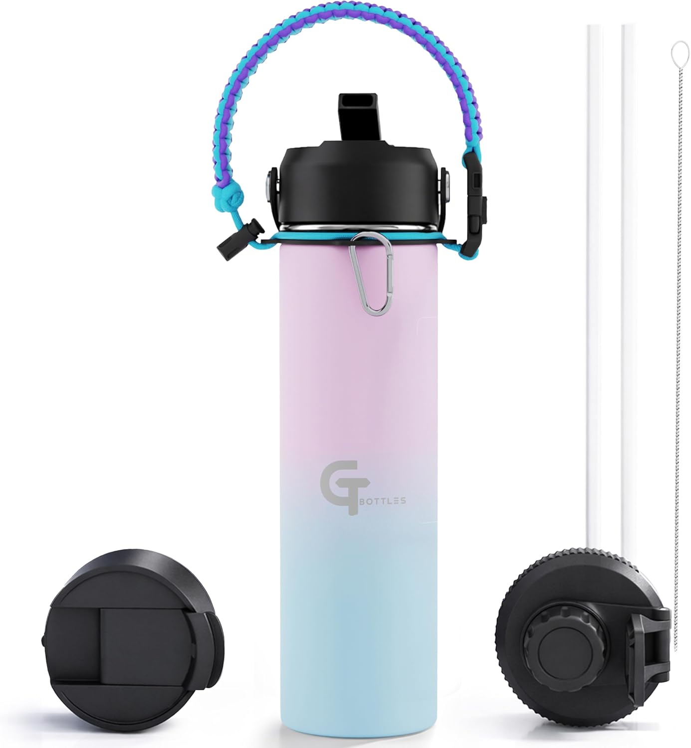 22oz Insulated Stainless Steel Water Bottle with 3 Lids & Paracord Handle – Leakproof Wide Mouth Metal Sports Bottle for Gym, School & Travel (Light Purple/Sky Blue, 22oz)