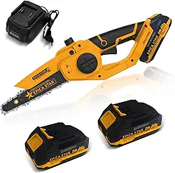 Mini Motosserra Eletrica Portátil à Bateria Motosserra Recarregável 21V Serra Motosserra com 2 Bateria, Sabre de 8'' para Corte de Madeira e Podas