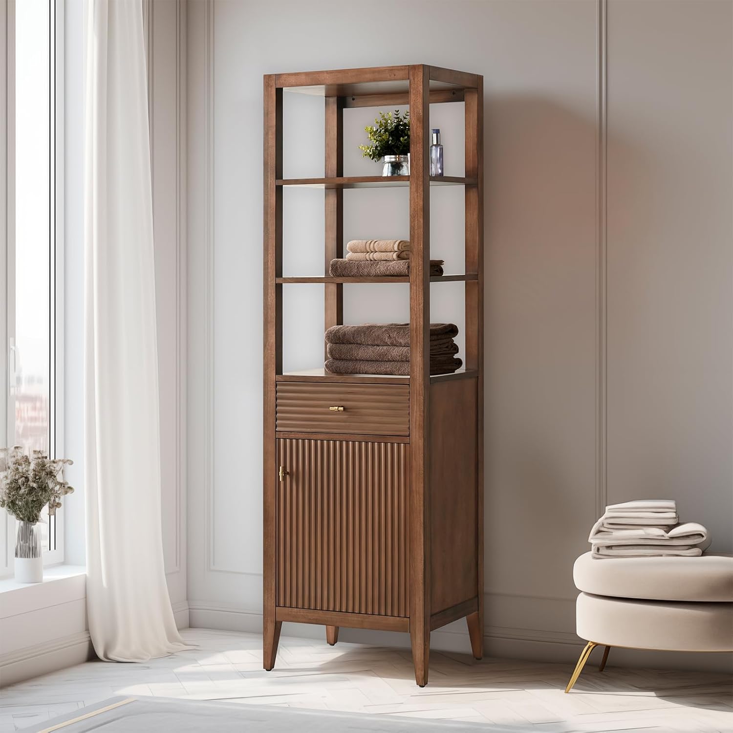 Vanity Art Vanity with Storage Cabinet & Shelves, Free-Standing Vanity with Soft-Closing Doors, Walnut, Golden Brushed Handware VA91-LC-Walnut-GB