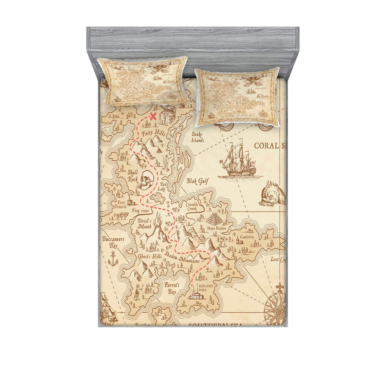 Ambesonne Island Fitted Sheet & Pillow Sham Set, Old Antique Treasure Map Details Retro Color Adventure Sailing Pirate Print, Decorative Printed 3 Piece Bedding Decor Set, King, Cream Beige