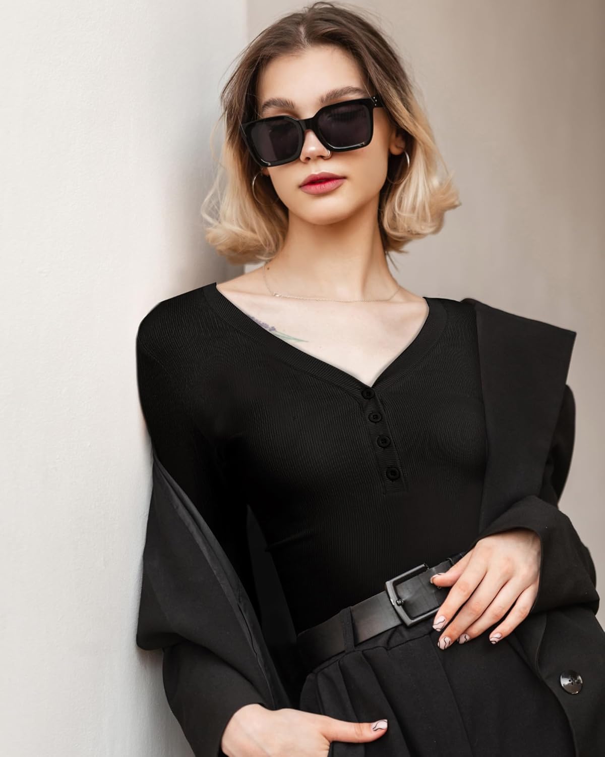 Ficerd 3 Pack Women's 3/4 Sleeve Henley Shirts,X-Large Cotton V Neck Ribbed Knit Slim Fit Shirts Tight Basic Tee - Image 7