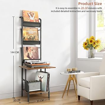Bikoney Record Player Stand with Vinyl Storage for 200 LPs | Holds up to 200 Albums, Record Holder with Vinyl Display Shelf, Anti-Topple Wall Mount, Anti-Vibration, Easy Assembly