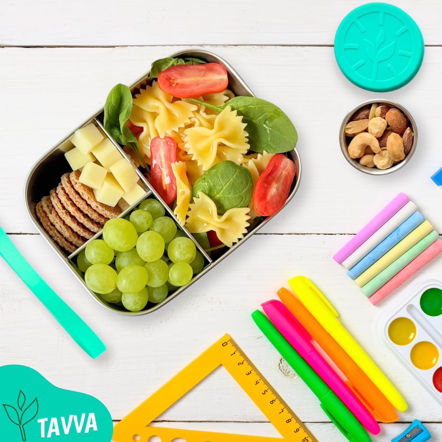 TAVVA Stainless Steel Lunch Box for Kids [27oz] - Metal Bento Box for Kids with Leakproof Condiment Container - 3 Compartment Snack Organizer for On the Go Meals - Freezer & Dishwasher Safe - Image 8
