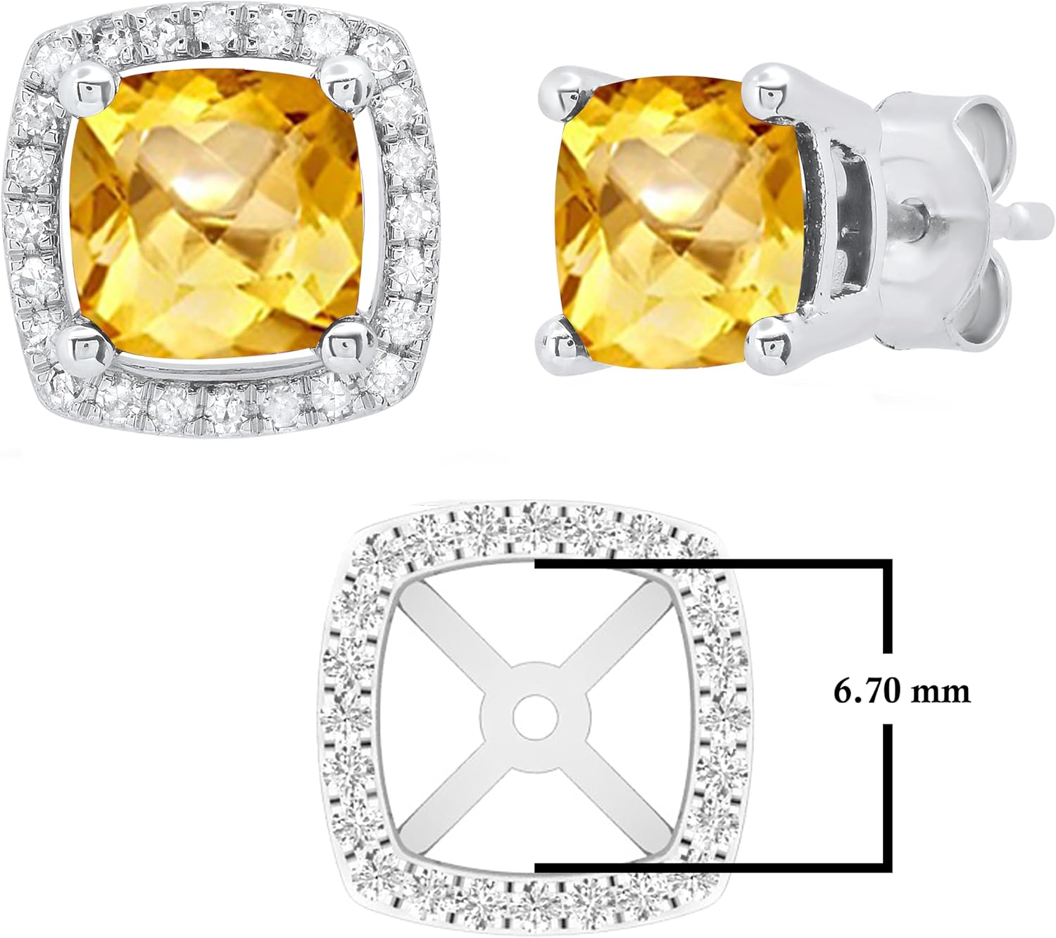 Dazzlingrock Collection 6.50mm Cushion Gemstone & 0.20 CT Round Natural Diamond Halo Removable Jacket Push Back Stud Earrings for Women in 14K Real Solid Gold