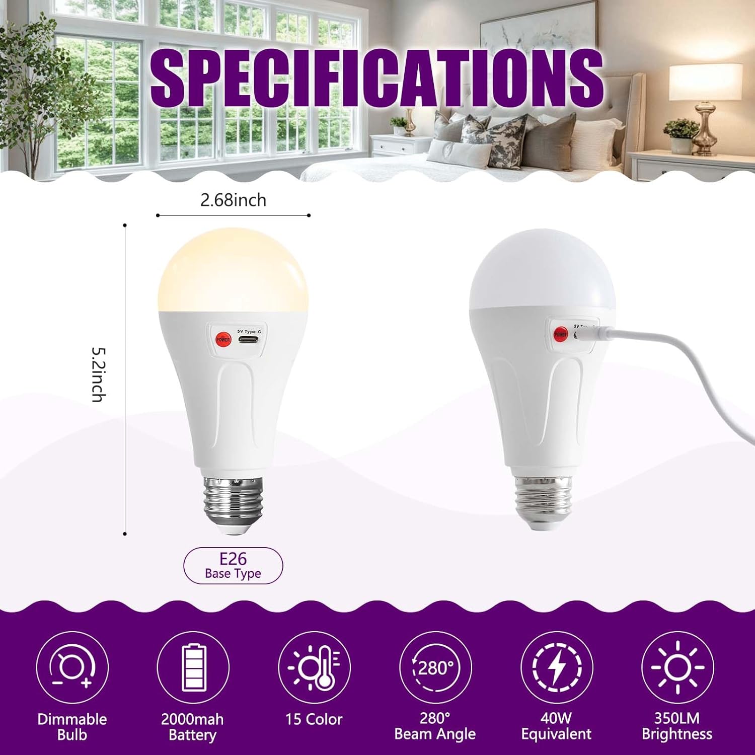 E26 Rechargeable Light Bulbs with Remote, A21 Wireless 2000mAh Battery Operated LED Light Bulbs for Lamp, 3 Color Temperatures Dimmable Color Changing Bulb for Outdoor Use, 1 Pack