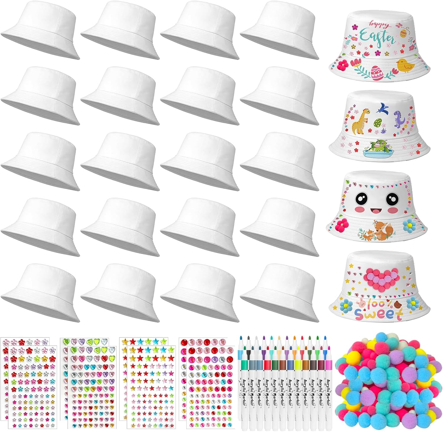 20 Pack DIY White Cotton Blank Bucket Hat Creative Painting Sublimation Bucket Hats Bulk Summer Sun Hat for Birthday Party Craft Beach Travel Fishing Outdoor Sports Tie Dye Unisex Hand Painted