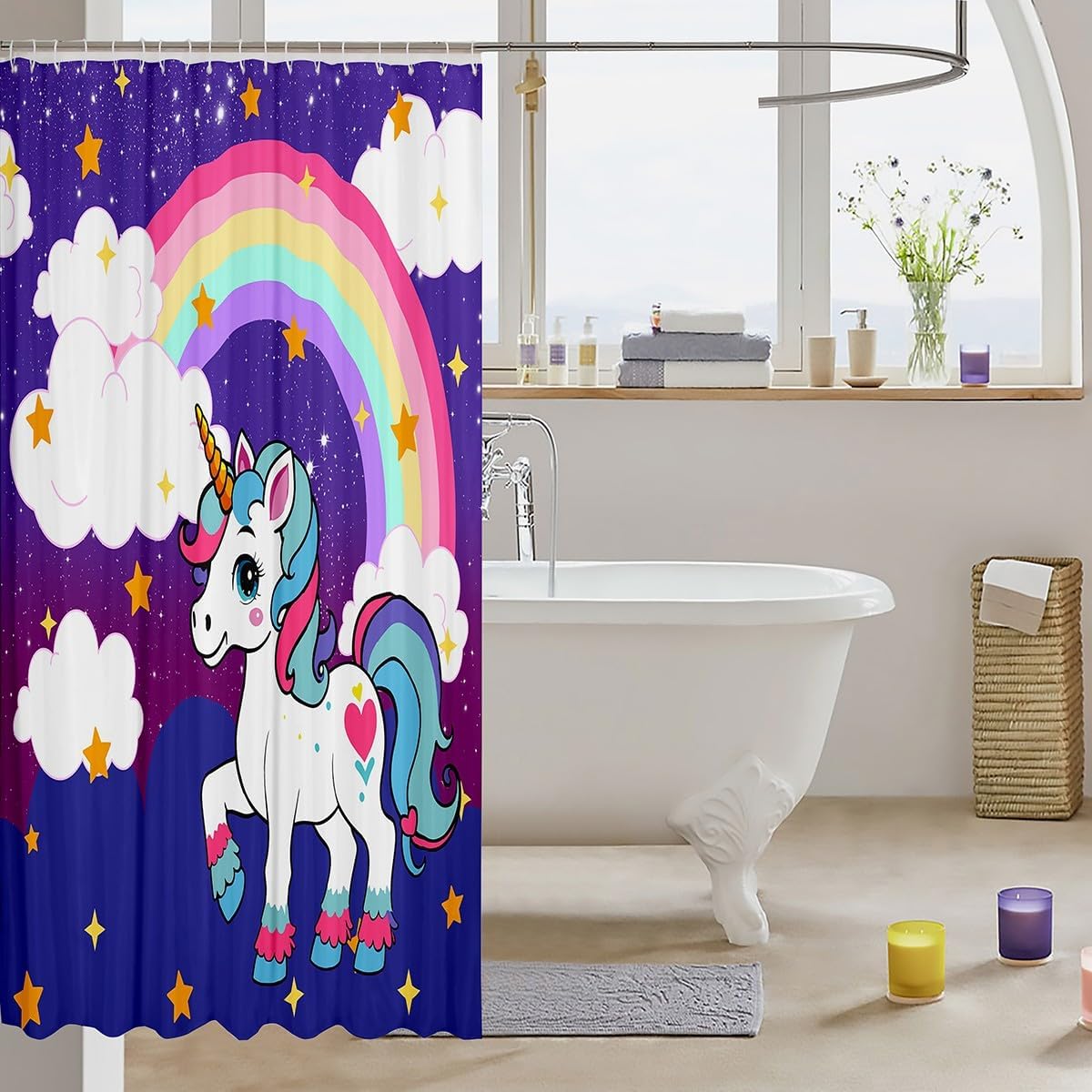 jejeloiu Girls Unicorn Shower Curtain Cute Rainbow Unicorn Bath Curtain for Kids Girls Galaxy Stars Fantasy Bathroom Waterproof Accessories with 12 Hooks Princess Girly Bedroom Decor 72"x78"