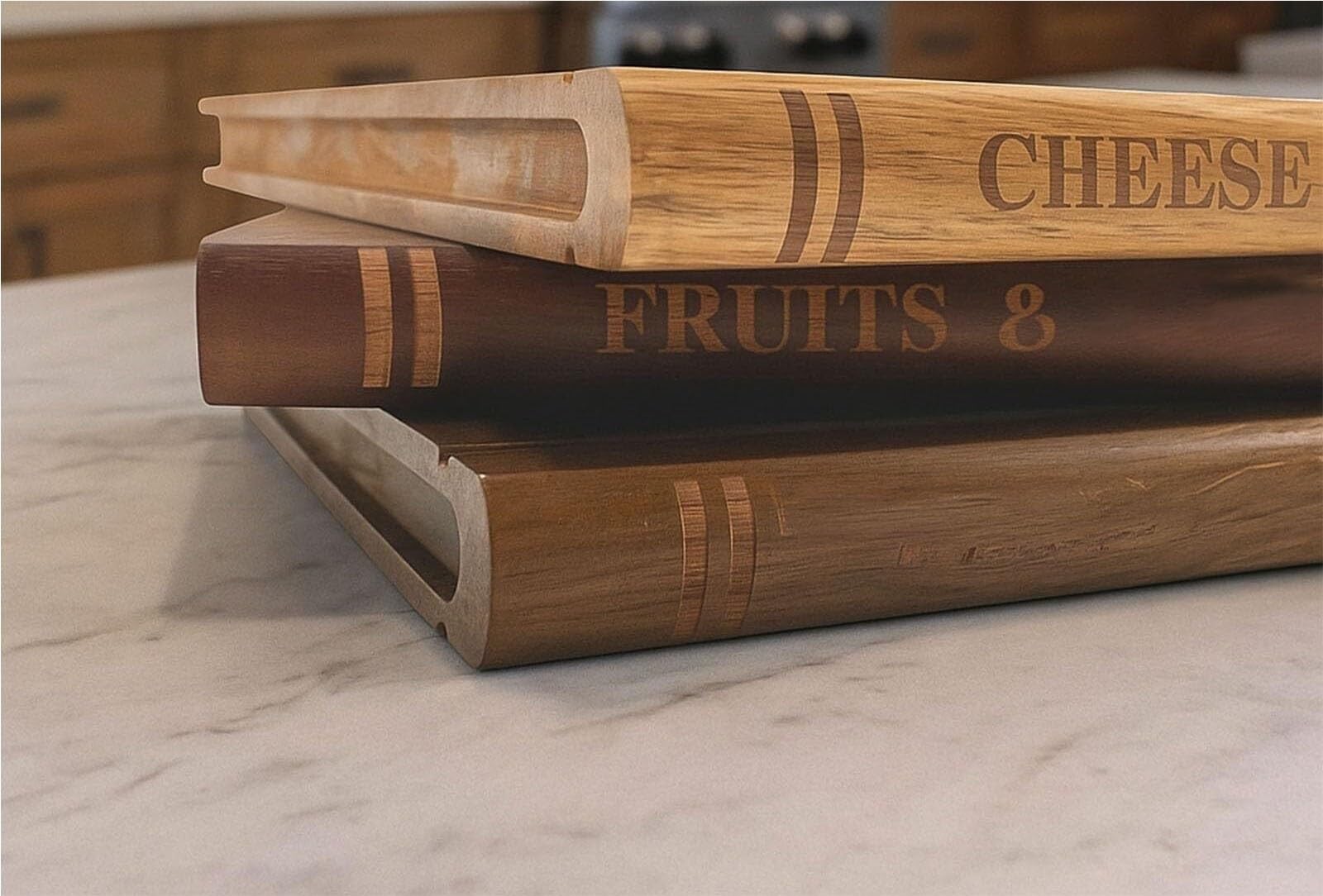 Snijplank die eruit ziet als boeken, houten snijplankset met standaard