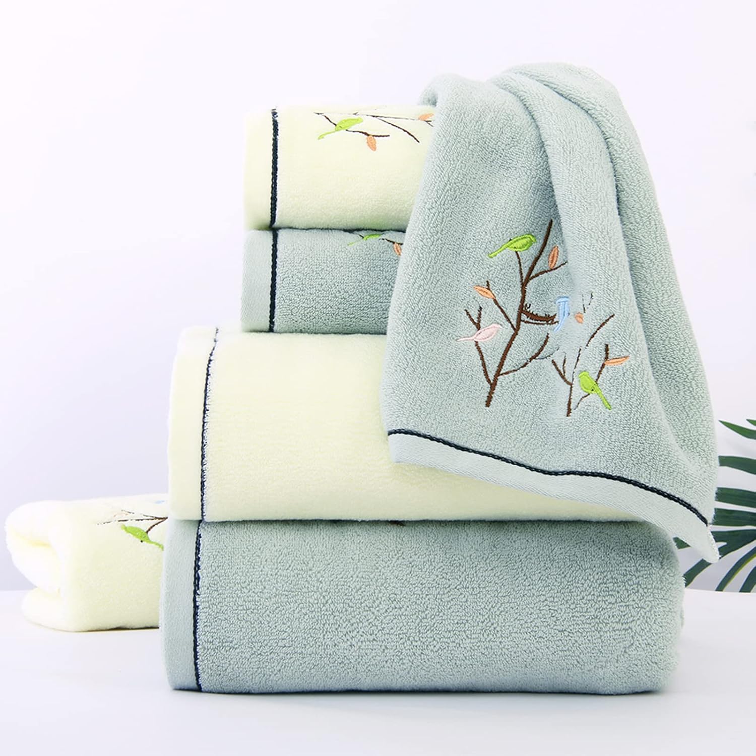 Pidada Bath Hand Towel Set of 3 Embroidered Bird Tree Pattern 100% Cotton Soft Absorbent Decorative Towels for Bathroom (Aqua Green)