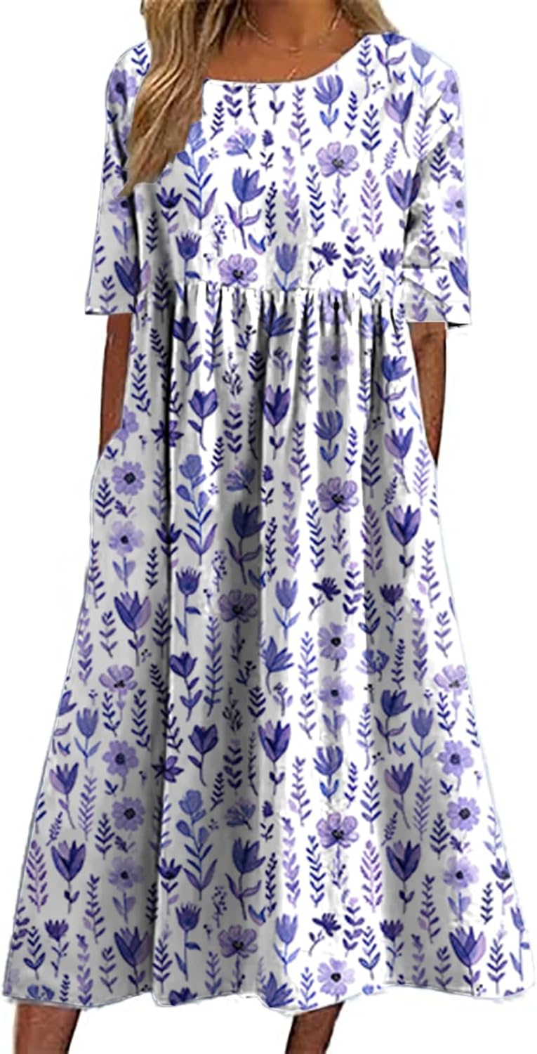 Womens Trendy Boho Floral Dress Plus Size Half Sleeve Baggy Casual Crew Neck Dress