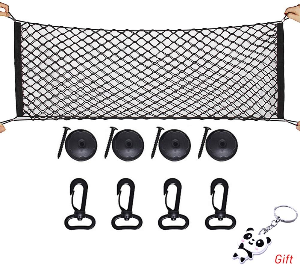 nuoshen Cargo Nylon Net, 4 Hooks Car Trunk Universal Cargo Net Elastic Nylon Mesh Storage Organizer Car Net for Kids Luggage for SUV,Truck Bed or Trunk, Black