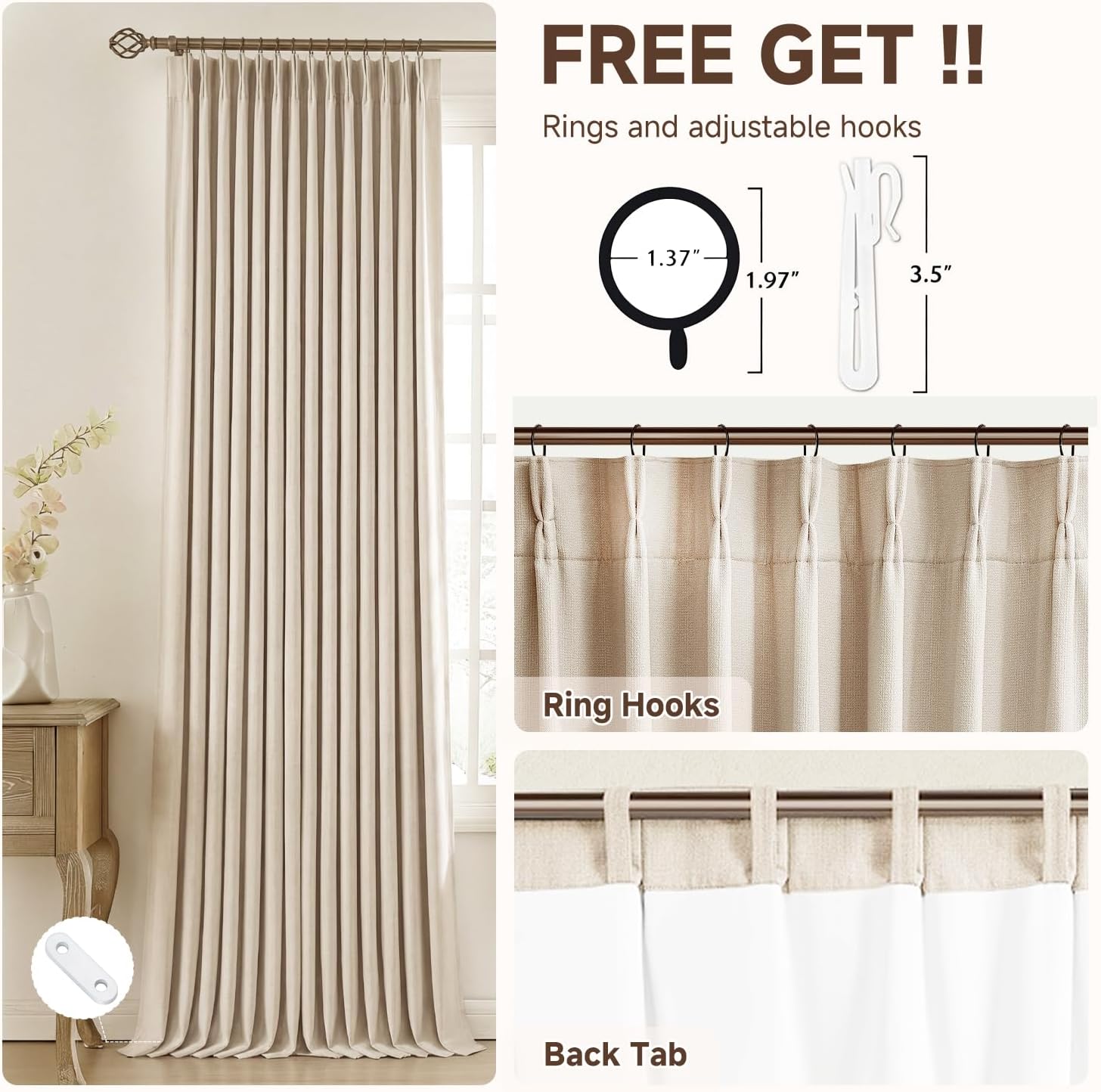 Lirien Pinch Pleated Blackout Curtains for Living Room Bedroom,100% Blackout Linen Textured Double Layer Drapes with Rings & Hooks,2 Panels Set,Natural,45" W x 90" L
