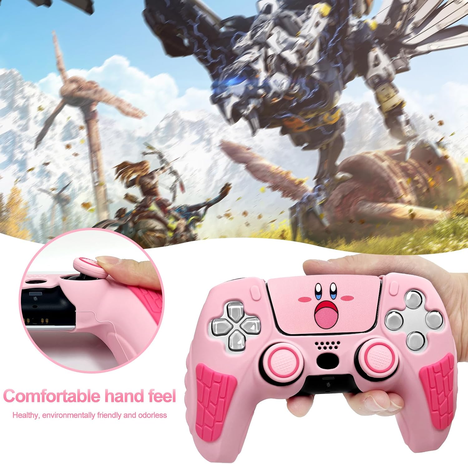 Pink Anti Slip PS5 Controller Skin Set,Soft Protective Controller Cover Case for PlayStation 5/Slim/Pro Control with Touch Pad Stickers and 2 Thumb Grip Caps