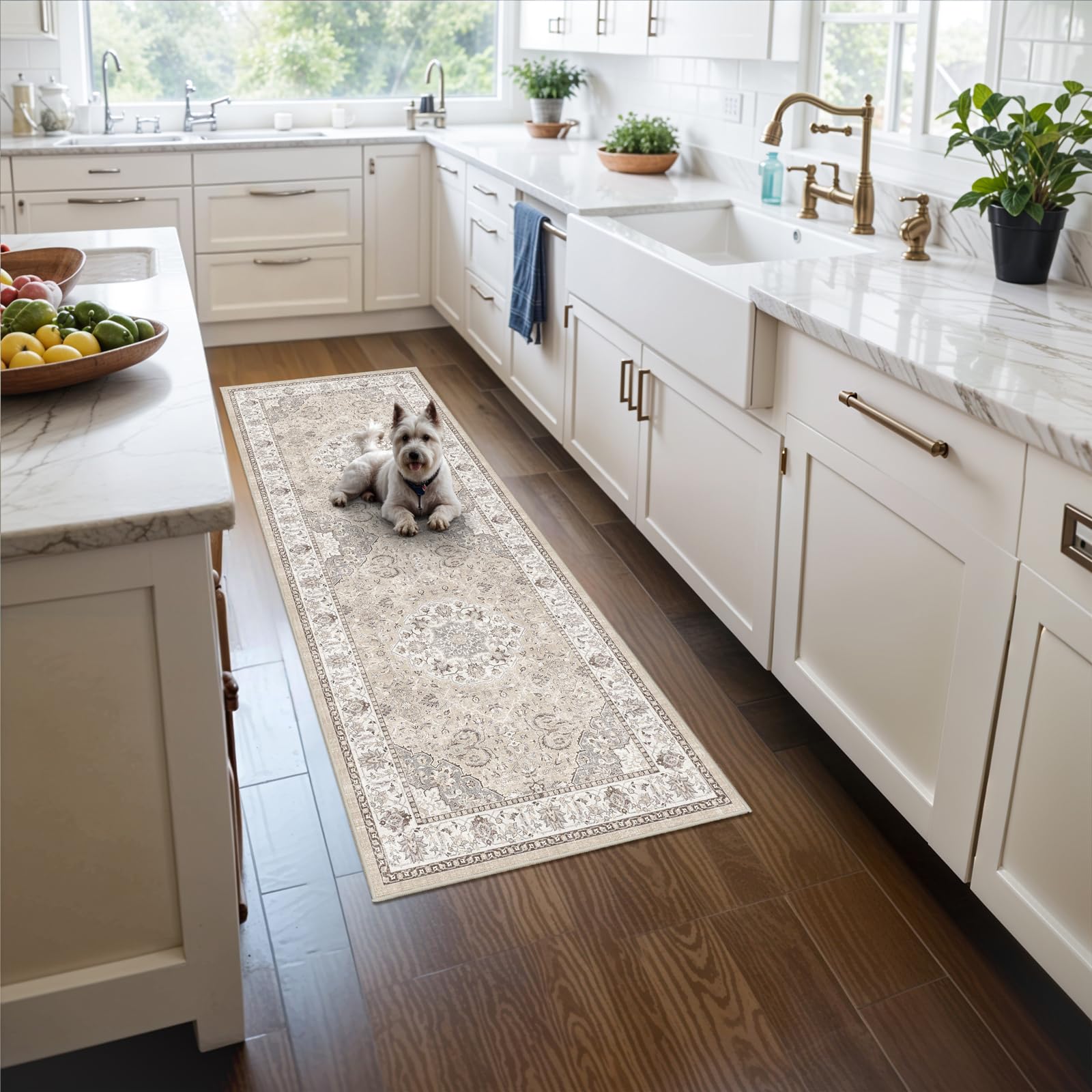 Washable 2x5 Hallway Runner Rug: Vintage Water Resistant Kitchen Entryway Rug Ultra Soft Living Room Bedroom Carpet with Non Slip Backing Indoor Low Pile Floor Mat for Bathroom Dining Room(2X5,Beige)OEKO-TEX STANDARD 100