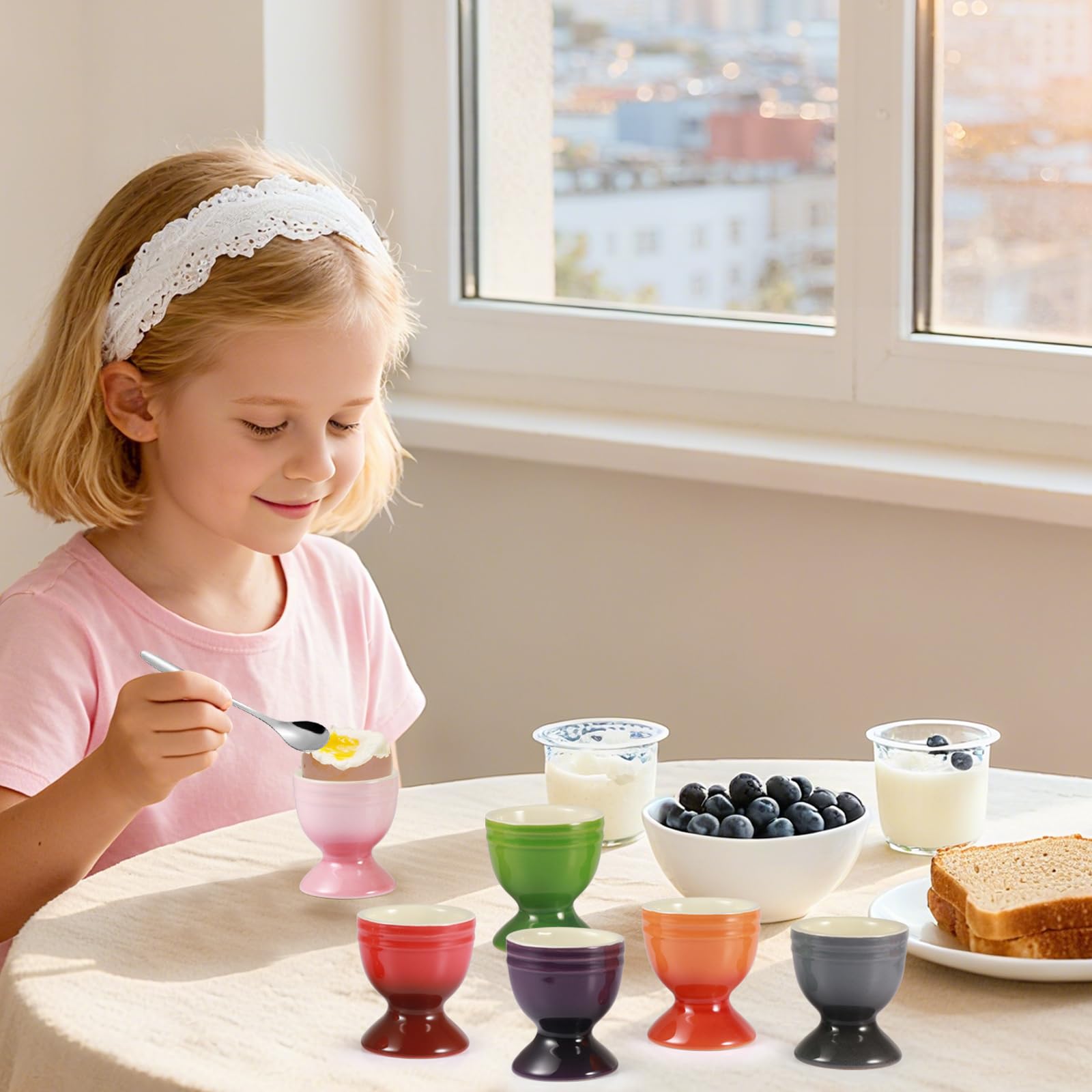 6er Set Eierbecher Porzellan, Eierbecher Keramik Bunt mit 6 Löffeln, Ø 5cm x 6cm, Eierhalter Eierständer Porzellan für Gekochte Eier Frühstück Brunch Abendessen, Spülmaschinenfest