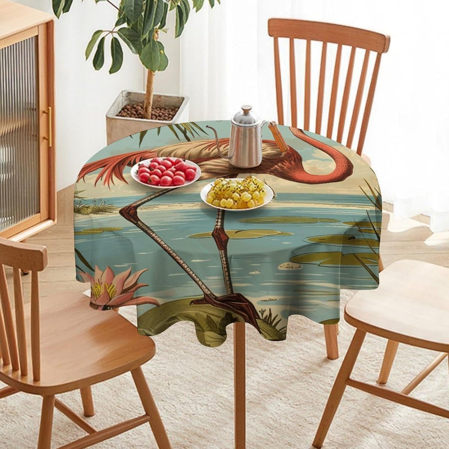 Retro Flamingo Fantasy Round Tablecloths, Abstract Floral Tree Ocean Washable Holiday Decor Table Cover for Kitchen, Dining, Party, 36Inch
