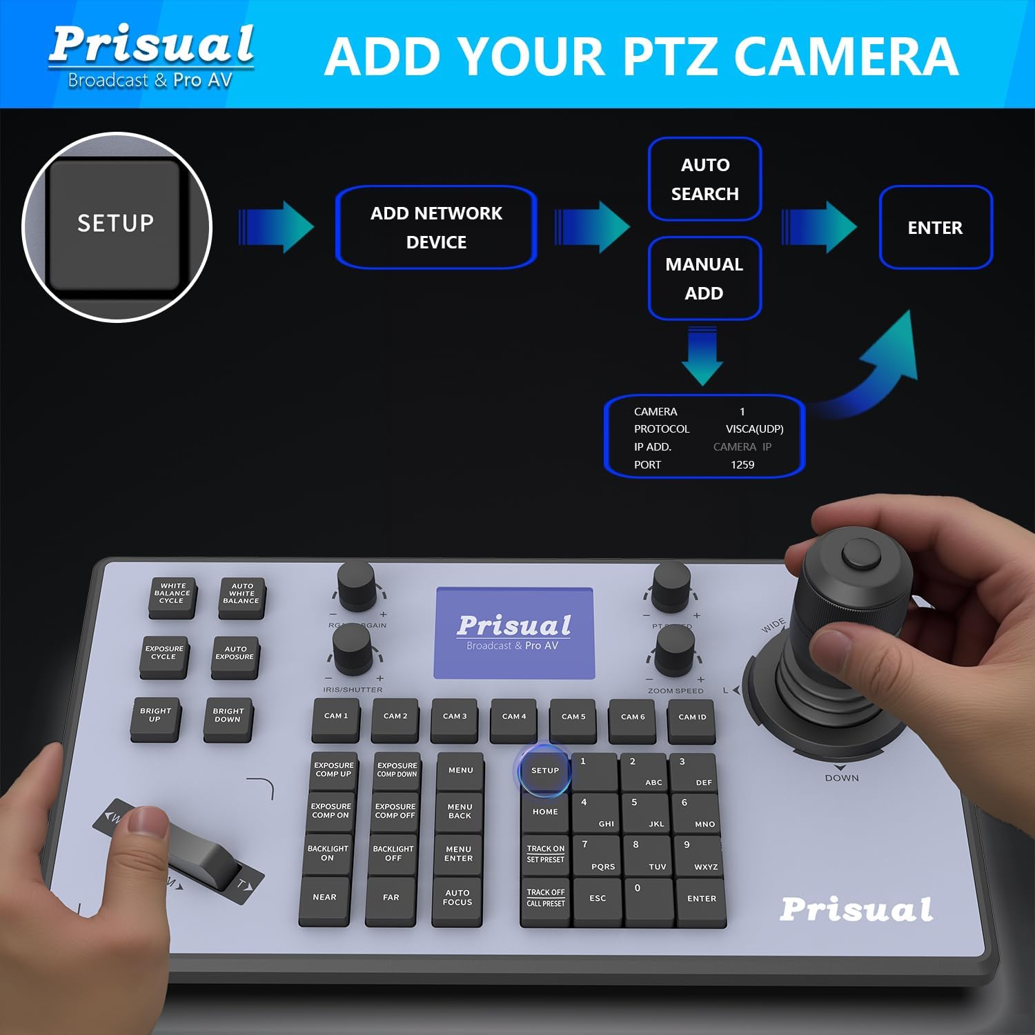 PTZ Camera Controller PoE 4D Joystick LCD Screen Setup, Elevate Your Church Live Streaming with VISCA is Fully Compatible and extensible, Pelco D/P RS232 RS485 NDI (TEM-JOY1)