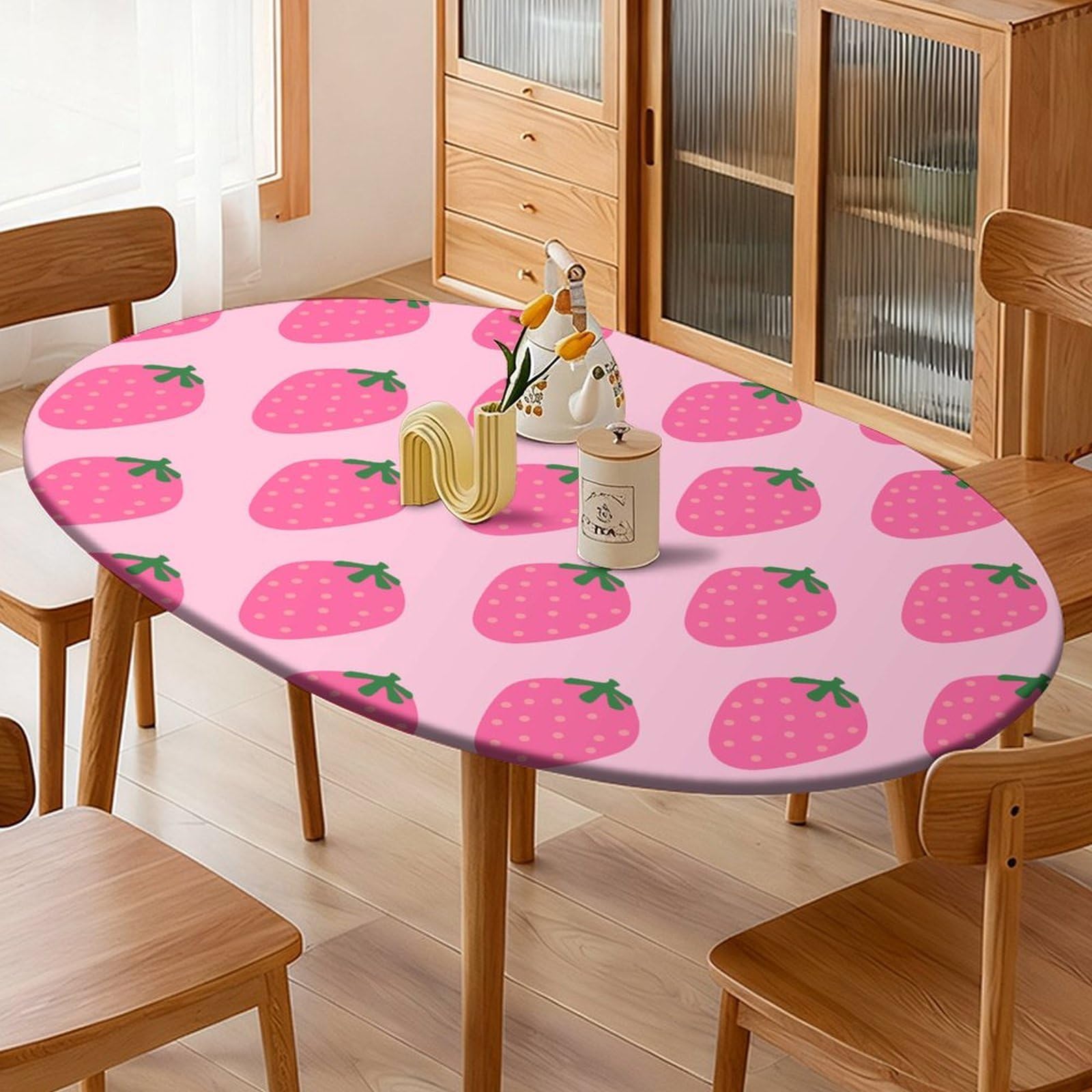 Highdi Waterproof Oval Tablecloth Cover - Oxford Cloth - Elastic Fitted for Kitchen/Garden Oval Tables, Stain-Resistant Wipe-Clean 3D Strawberry Table Cover (pattern 9,140x190cm)