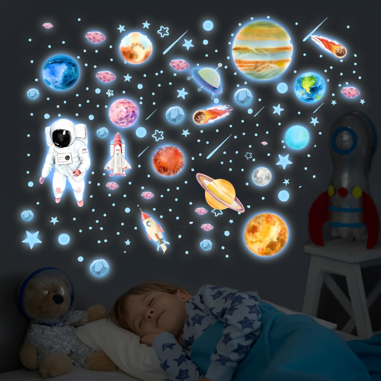 Pomodee Glow in The Dark Stars and Planet Wall Stickers 272 PCS Glowing Planets Astronaut,Bright Solar System Space Wall Decals for Bedroom Ceiling Nursery Kids Room Wall Decor