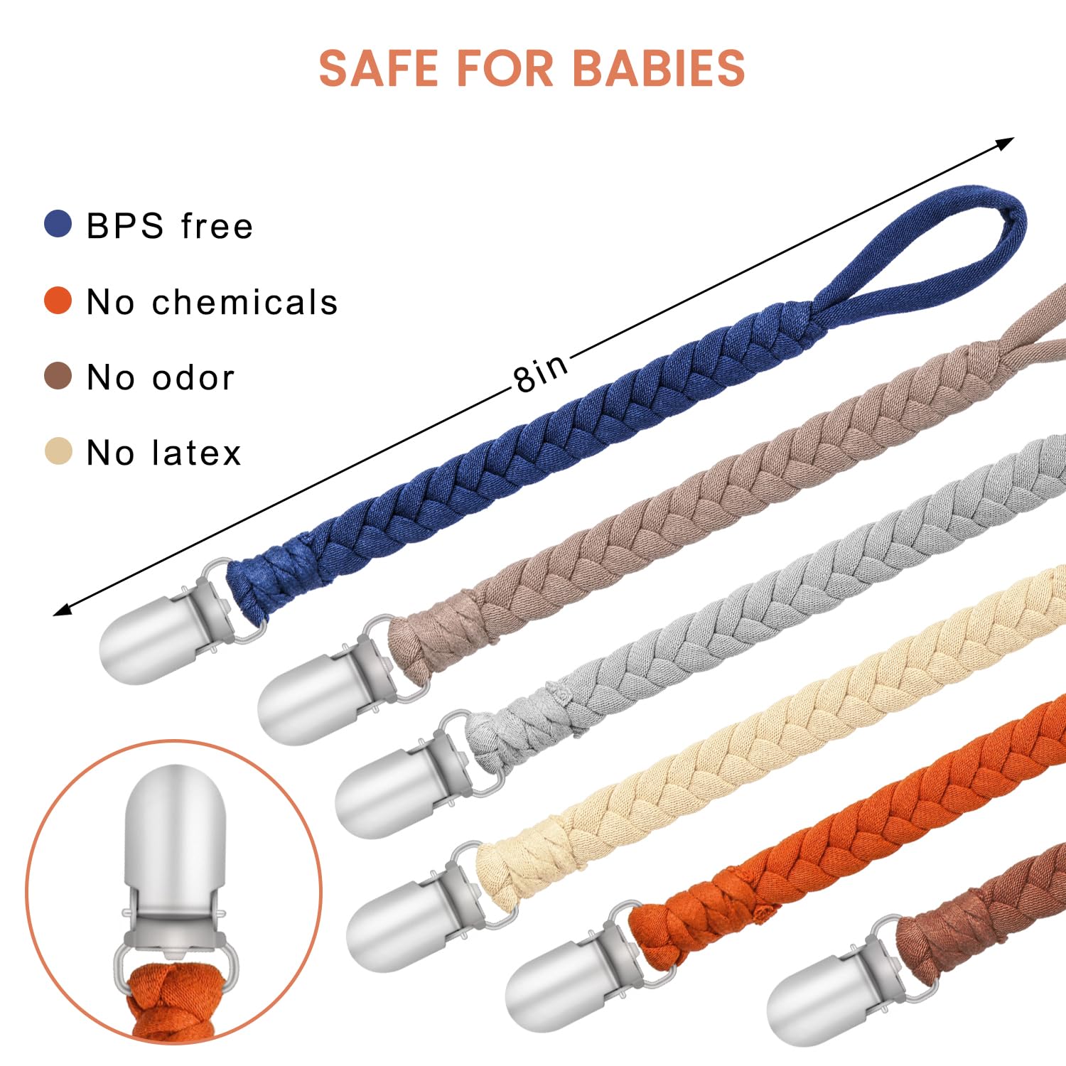 CLDY - Cadena de Chupete de Bebé de Algodón con 6 Pcs Adaptador de Chupete Adecuado para Chupetes Juguetes de Dentición para Niñas y Niños para Bebé Esenciales, Mantiene el Chupete Limpio