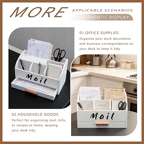 Miniatura 3 de GOPRETY Organizador de correo para escritorio, soporte para billetes de encimera con almacenamiento de archivos, escritorio de madera con cajones,