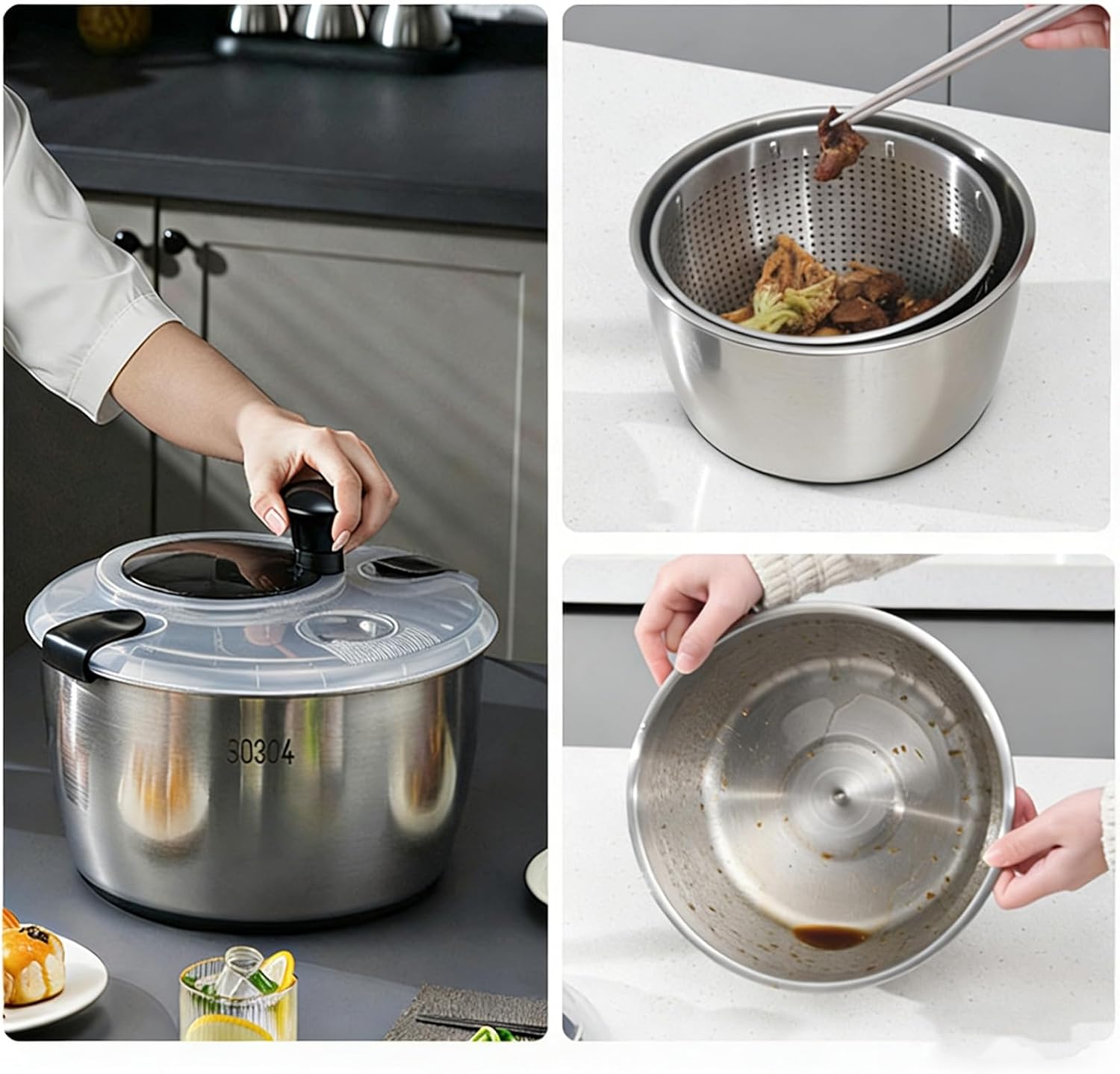 Fockety Stainless Steel Salad Spinner, 5L Large Capacity Vegetable Washer with Crank Design, Multifunctional Dishwasher Safe for Washing Vegetables Drying Salads and Removing Oil