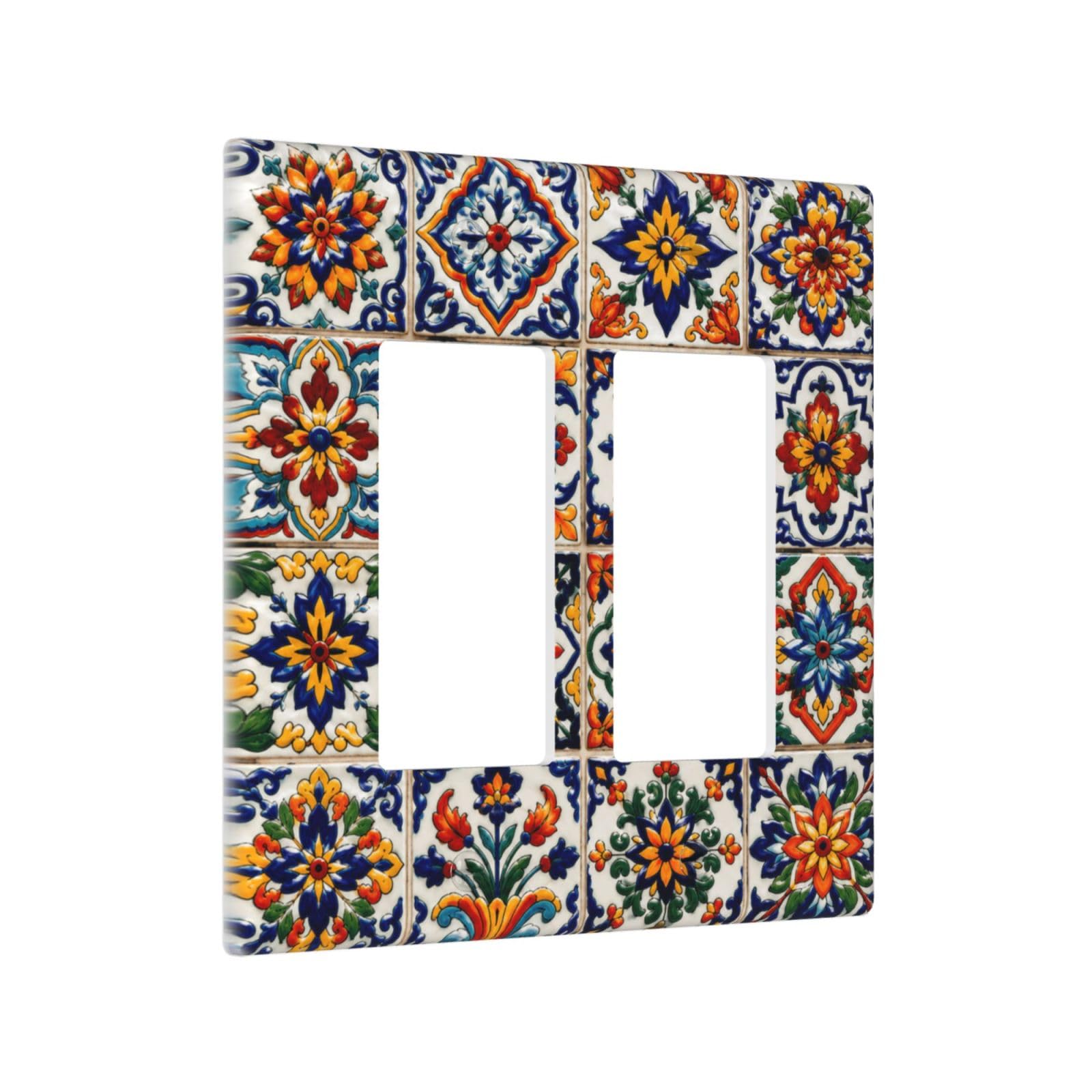 Thsanju Outlet Covers Vintage Ceramic Talavera Double Rocker Light Switch Covers Decorative Colorful Floral Geometric 2 Gang Gfci Wall Plate Electrical Receptacle Switchplate Faceplate for Home Decor