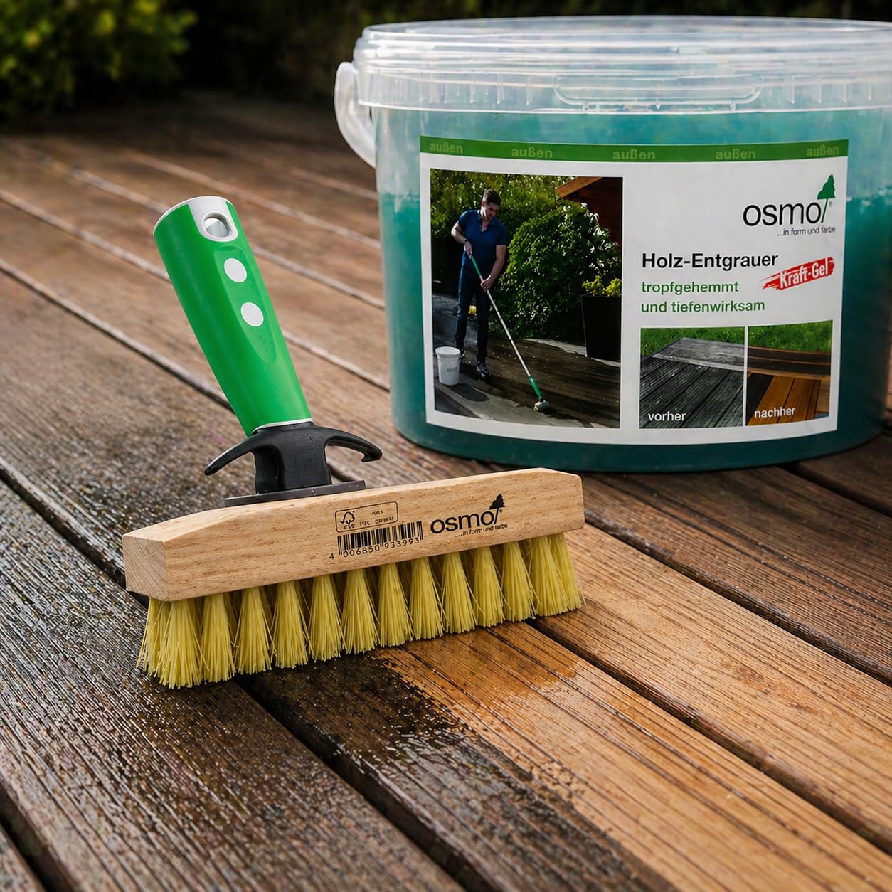 OSMO Holz Entgrauer Kraft Gel 6609 2,5L Set inkl Pfahler Pinsel und Bürste Holzreiniger für Holzterrassen Fassaden Gartenmöbel entfernt Vergrauung