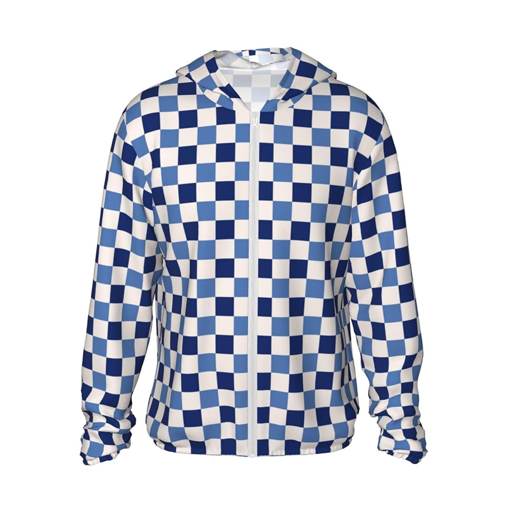 Blue and White Plaid Sun Protection Zip Up Hoodie Jacket