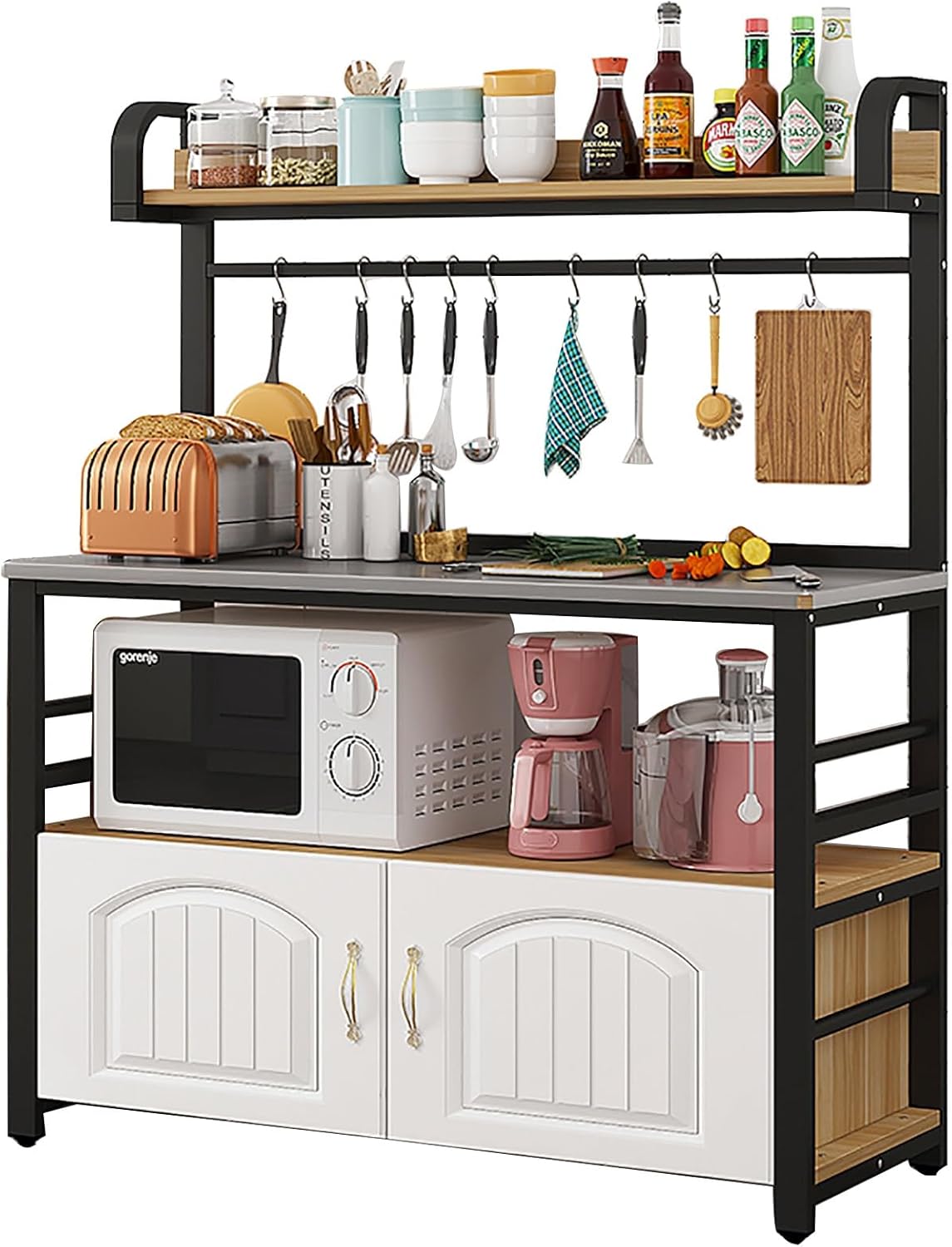 Kitchen Bakers Rack, Open Shelf and Storage Cabinet for Home, Kitchen and Dining Room, 4-Tier Microwave Oven Stand Workstation with 4 Hooks (Color : Black Frame+Wood