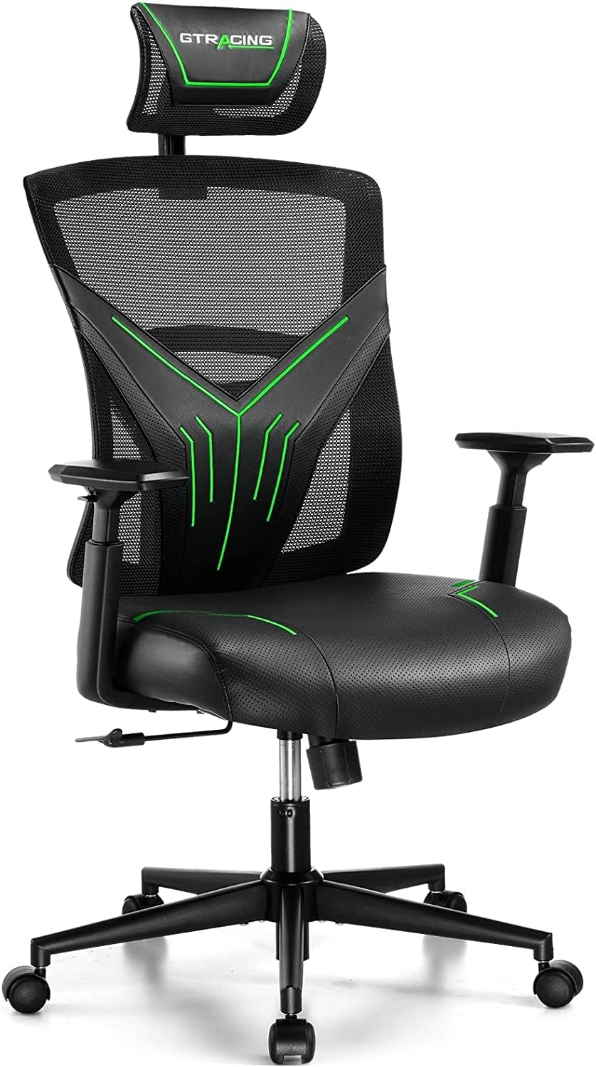 GTRACING Gaming Chair, Computer Chair with Mesh Back, Ergonomic Video Game Chair, Reclining Gaming Chair with 360° Swivel, Adjustable Headrest and Lumbar Support for Gaming and Office, Green