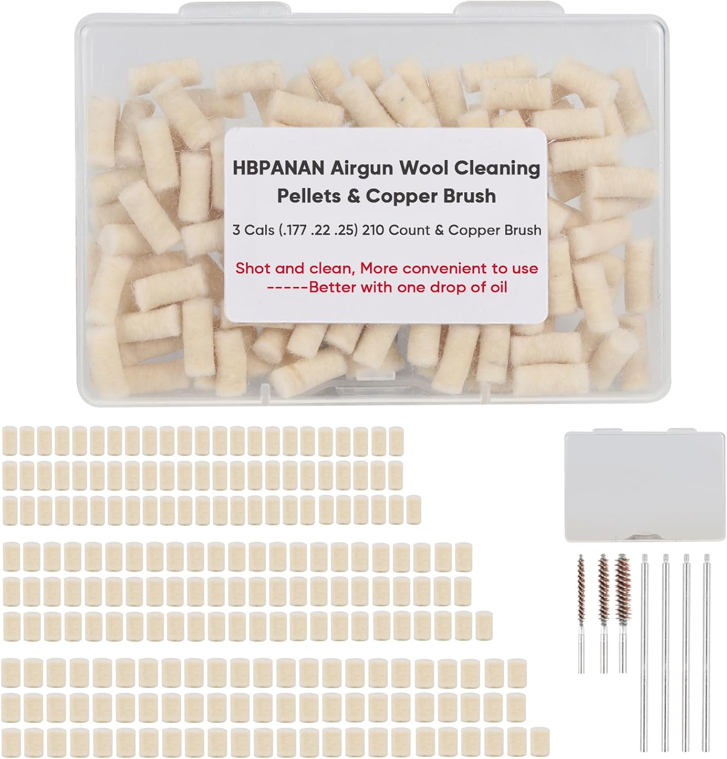 Airgun Cleaning Pellets Cotton Wool Felt for Maintenance (3 Calibers: .177, .22, .25) - 70 Pellets & 1 Copper Brush per Caliber, 1 Storage Box Included