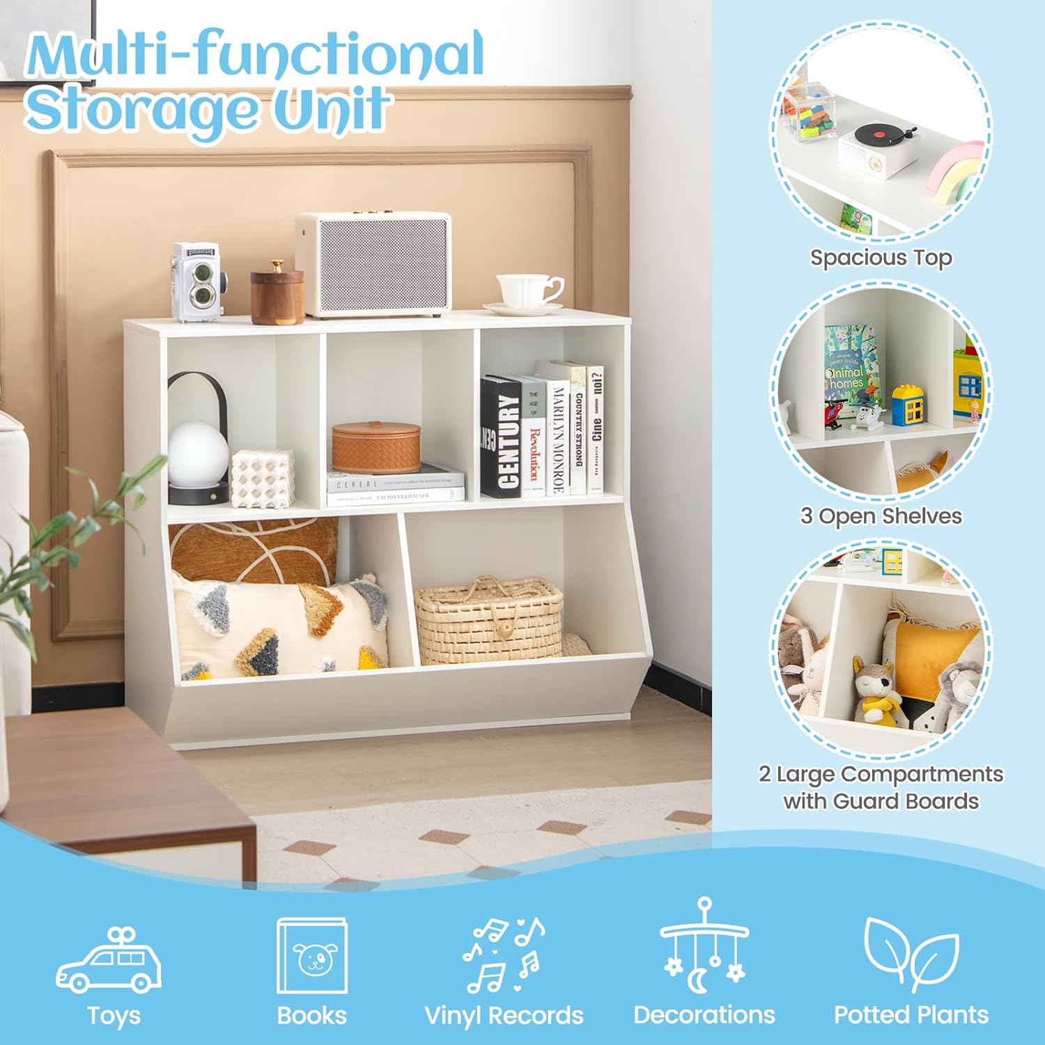 Costzon Toy Organizers and Storage with Bookshelf, Wooden 5 Cubby Children’s Book Shelf Toy Storage Cabinet Bookcase for Kids Room, Playroom, Kindergarten, Nursery (White)