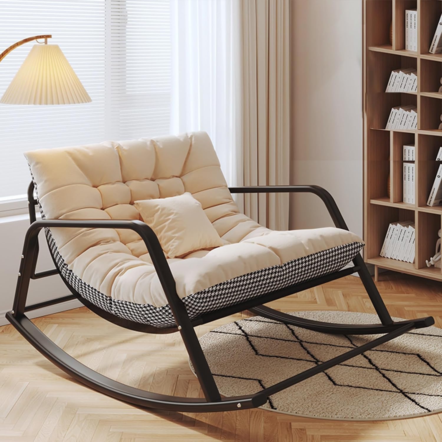 Rocking Outdoor Lounger Chair Chaise Lounge Zero Gravity Rocker,Padded Cushion Outdoor Rocking Chair for Living Room, Nursery & Patio - White Houndstooth Pattern