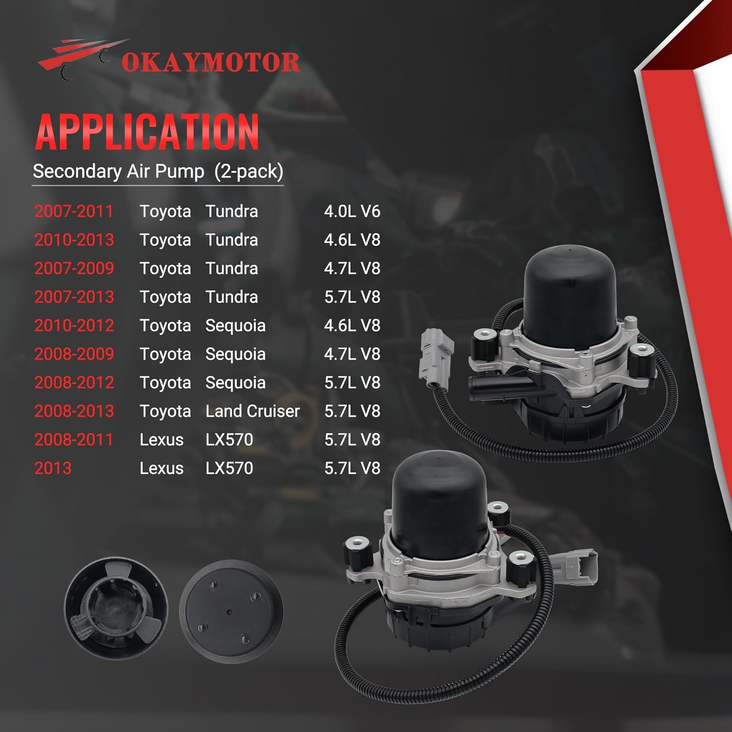 OKAY MOTOR Secondary Air Pump (2-pack) for 2007 2008-2013 Toyota Tundra Land Cruiser Sequoia 2008-2013 Lexus LX570 4.6L 4.7L 5.7L 17610-0S010 10200231AA 33-2504M