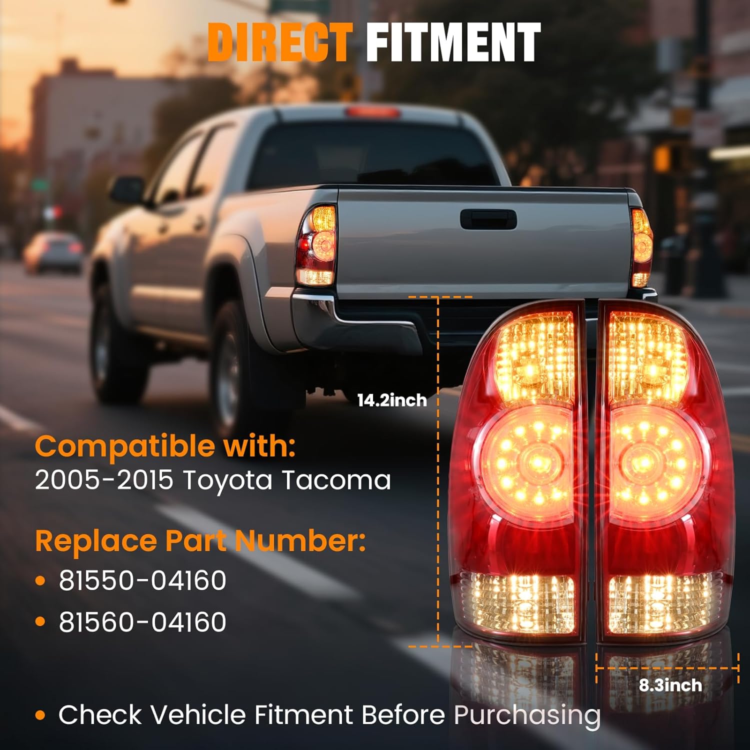 LED Tail Lights Assembly Compatible with 2005-2015 Toyota Tacoma Pickup Taillight Rear Brake Light, Left Driver and Right Passenger Side w/Bulbs and Harness, Replaces 81550-04160 81560-04160