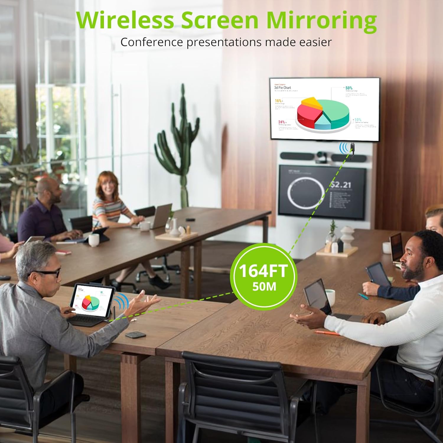 Image of a conference room with multiple people, one person's laptop wirelessly mirroring its screen to a large display on the wall, indicating a 164ft (50m) range.