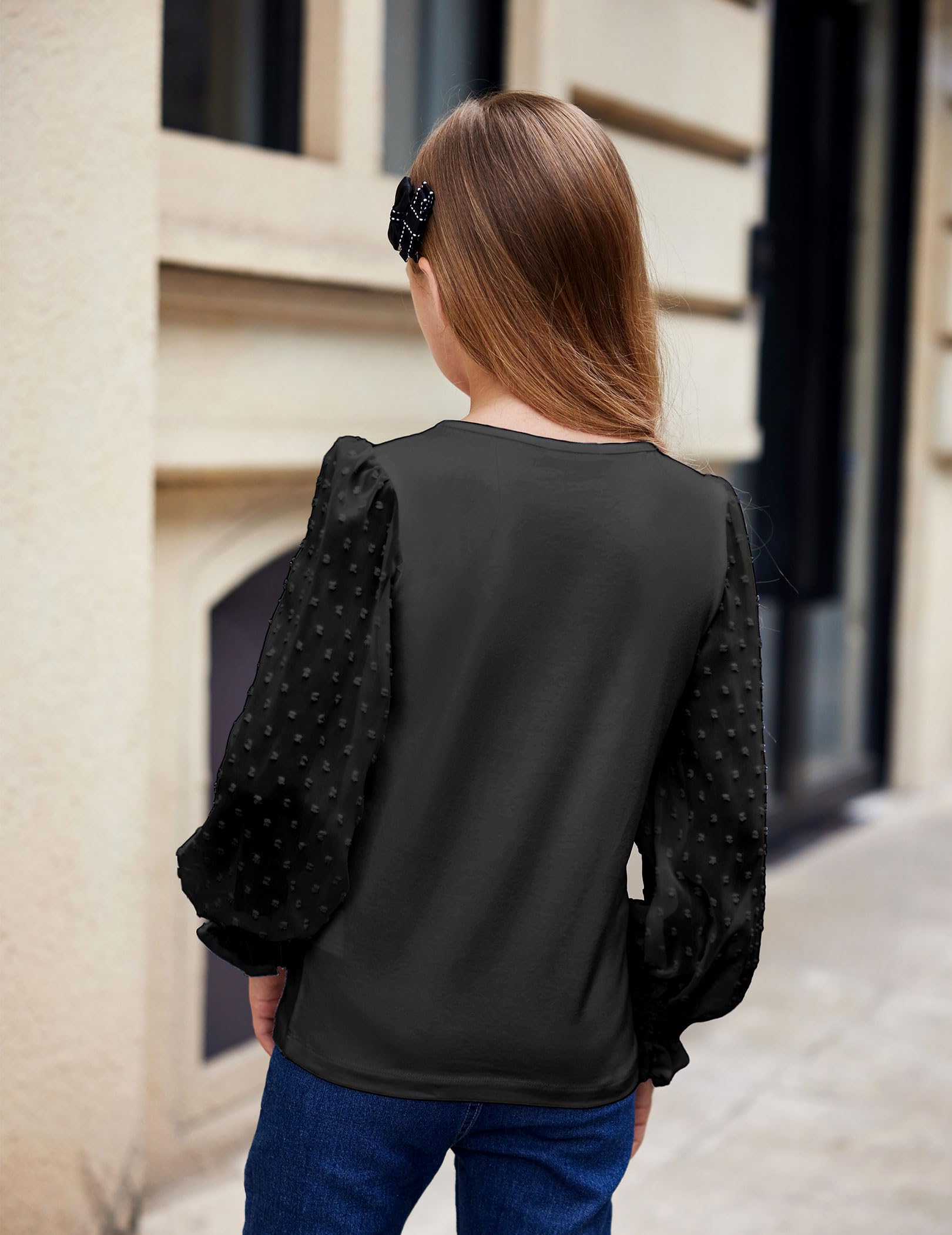 Arshiner Camicia a Maniche Lunghe da Ragazza con Polsini con Volant a Punto Smock, Pois svizzeri, Magliette per Bambini, graziosa Camicetta Girocollo per Ragazze 5-12 Anni