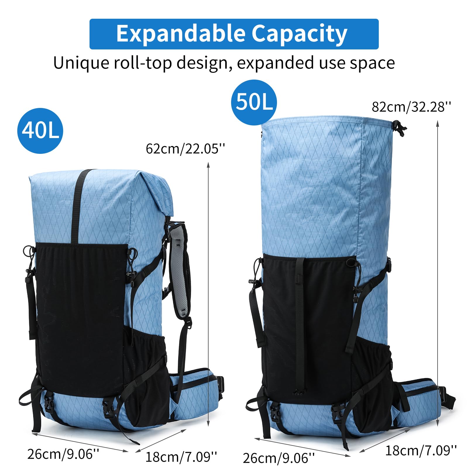 Mochila de senderismo, 40 L a 50 L, bolsa de senderismo de gran capacidad, mochila de camping con marco interno, mochila deportiva ligera de viaje para escalada de montaña y campamento (azul), Azul