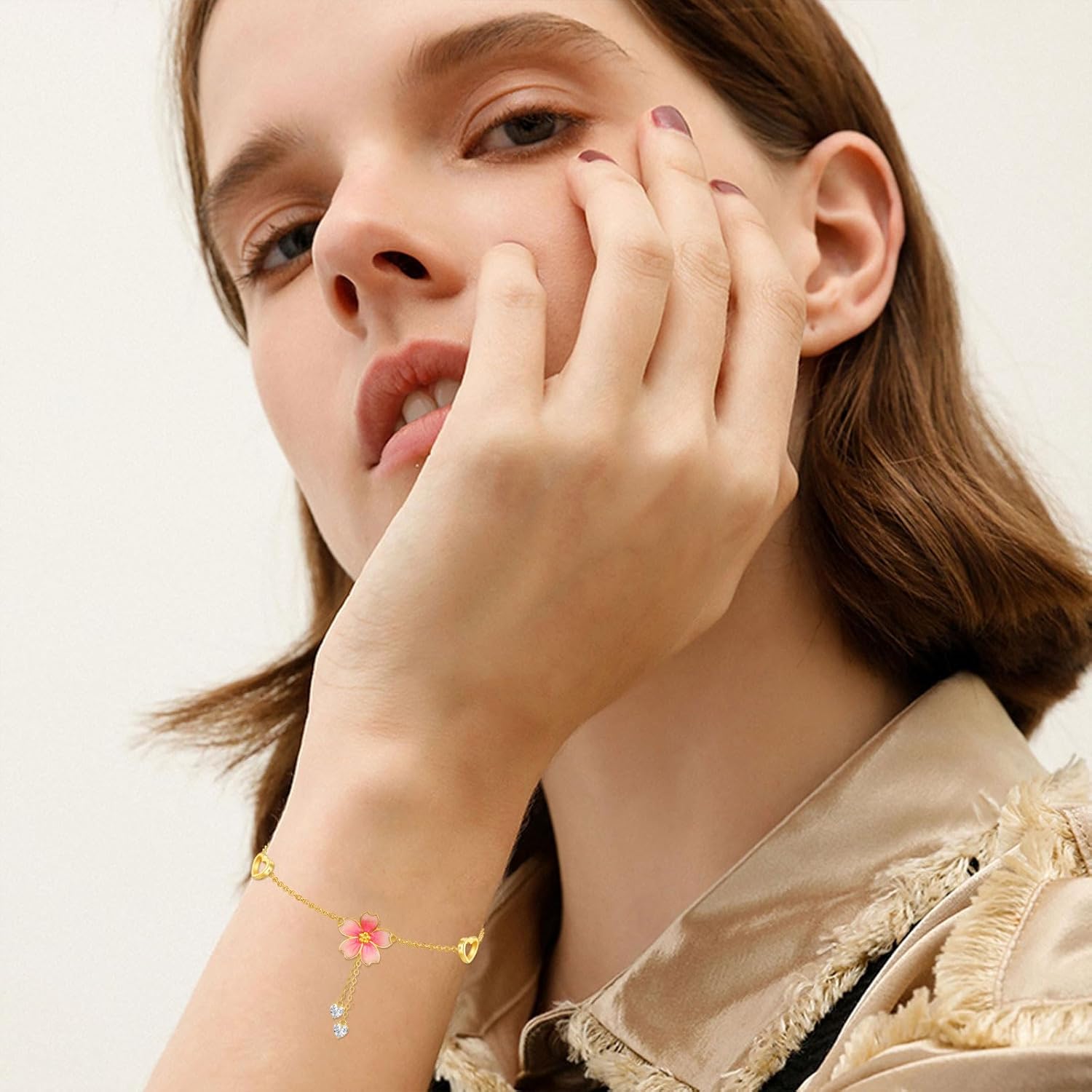 10K/14K Solid Gold Cherry Blossoms Dangle Anklet for Women,Dainty Moissanite Hearts Flower Anklets Foot Link Anniversary Birthday Jewelry Gifts for Wife Mom 8''+2'' - Image 8