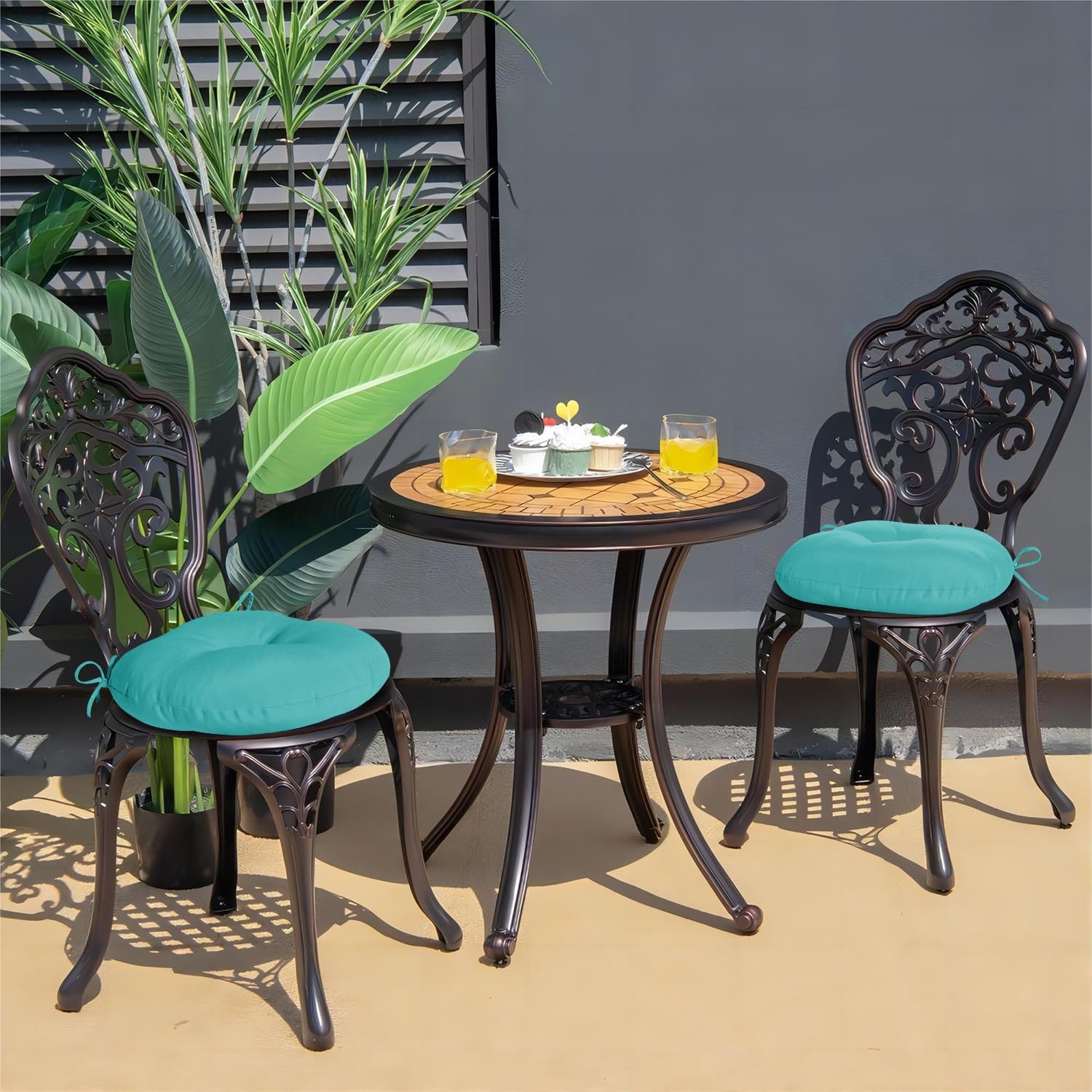 downluxe Bistro Chair Cushions for Patio Furniture, Water-Resistant Round Outdoor Chair Cushions Set of 2 with Non-Slip Ties, 15" x 15", Teal